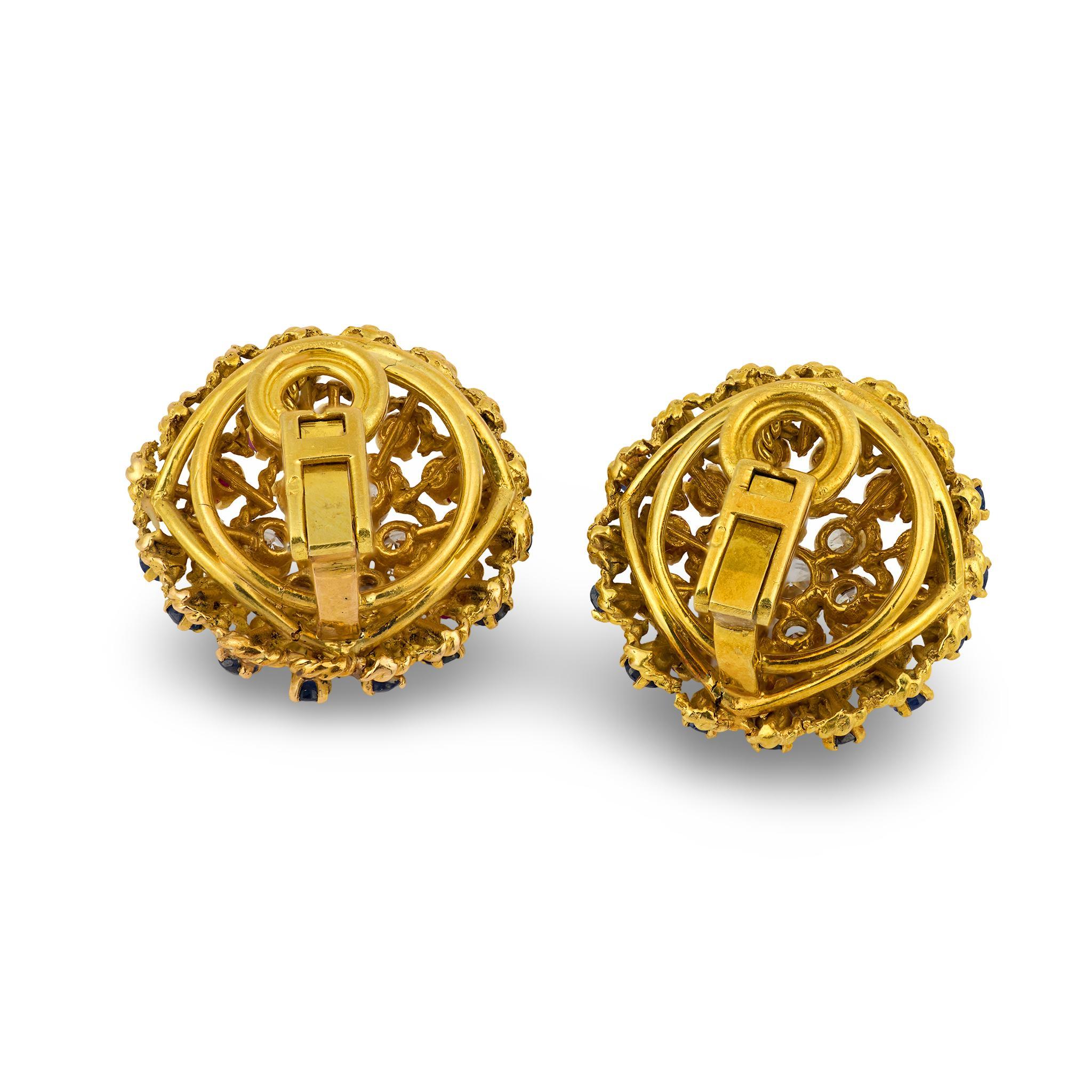 Vintage Französisch Diamant Saphir Rubin 18k Gelbgold Clip auf Ohrringe Damen im Angebot