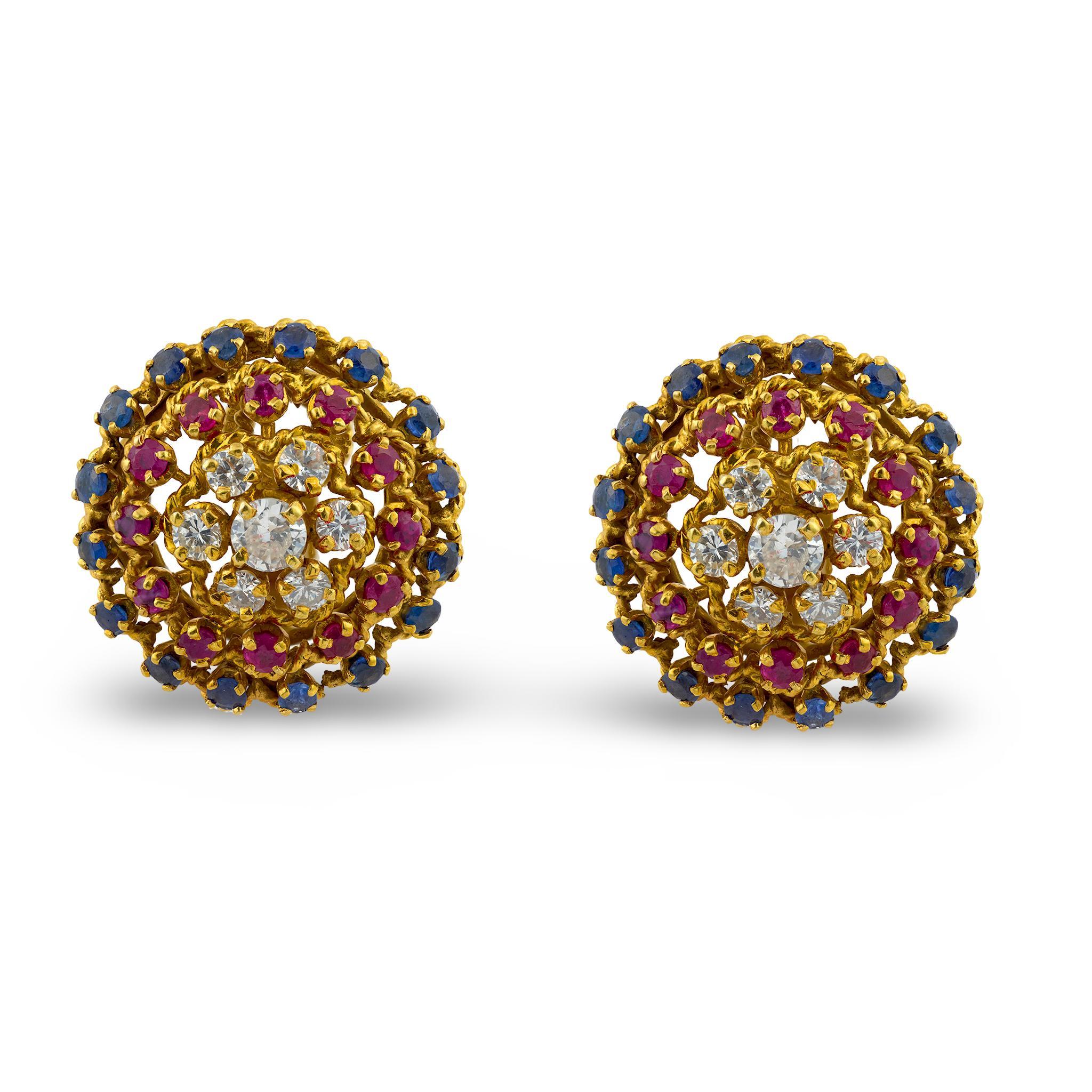 Vintage Französisch Diamant Saphir Rubin 18k Gelbgold Clip auf Ohrringe im Angebot 2