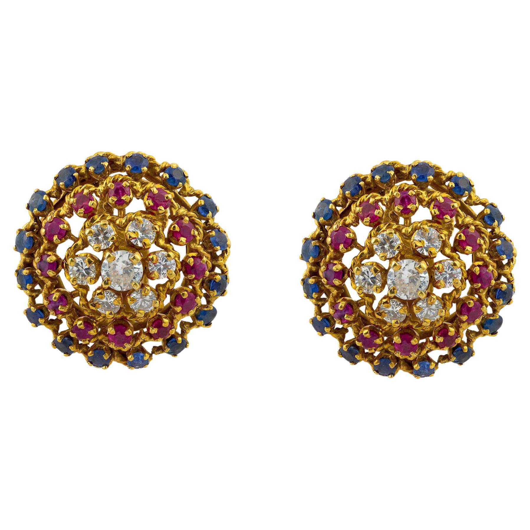 Vintage French diamond sapphire ruby 18k yellow gold clip on earrings