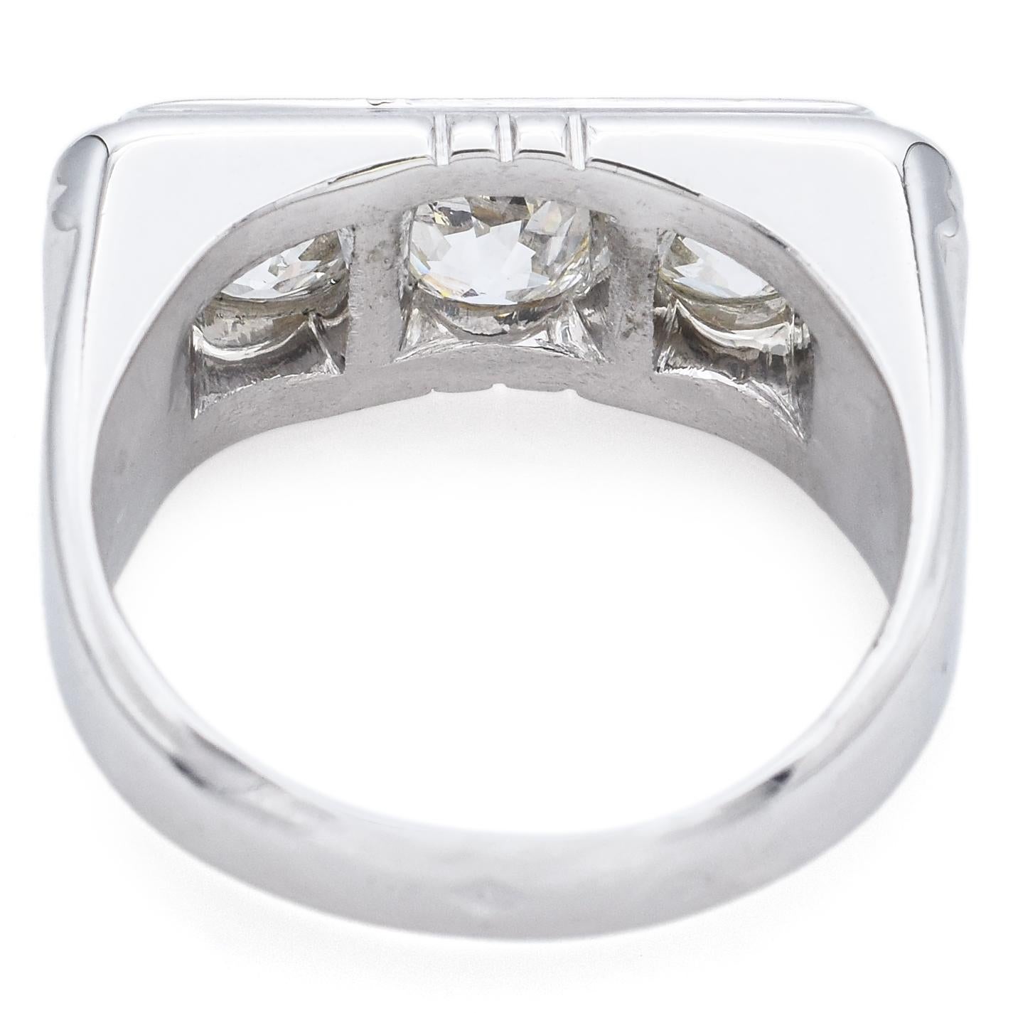 Vintage French Diamond White Gold 1.81 TCW Three-Stone Band Ring Size 7.25 In Good Condition For Sale In New York, NY