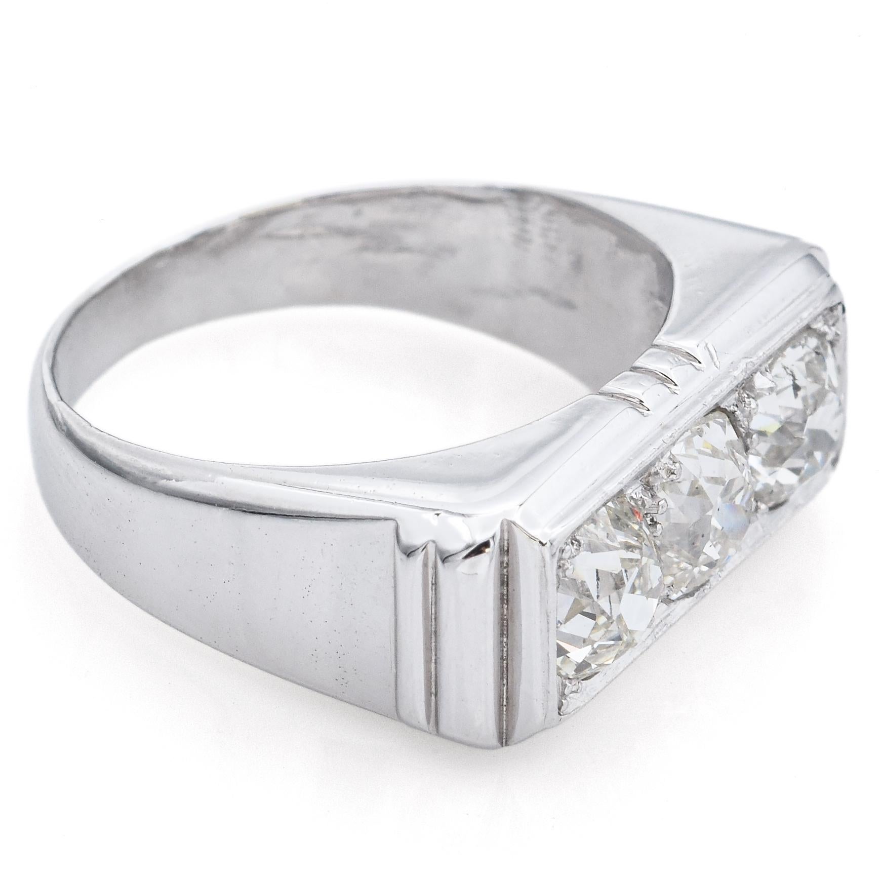 Women's Vintage French Diamond White Gold 1.81 TCW Three-Stone Band Ring Size 7.25 For Sale