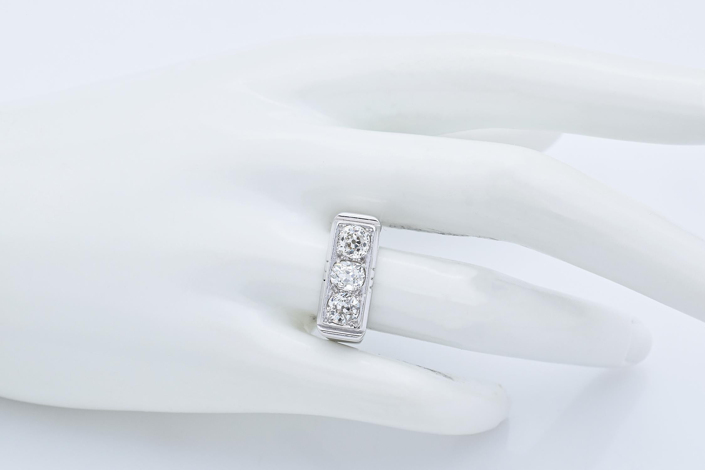 Vintage French Diamond White Gold 1.81 TCW Three-Stone Band Ring Size 7.25 For Sale 1