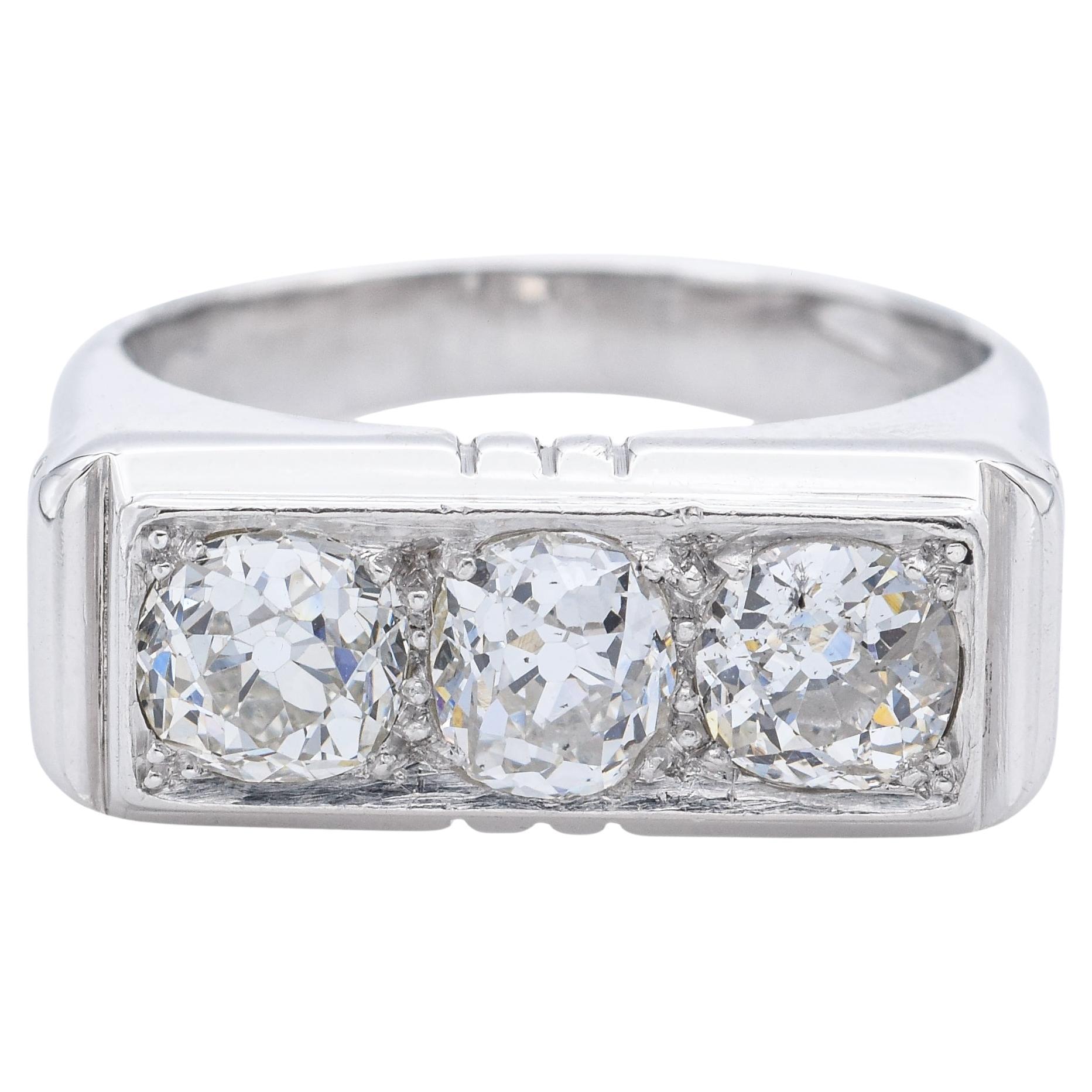 Vintage French Diamond White Gold 1.81 TCW Three-Stone Band Ring Size 7.25 For Sale