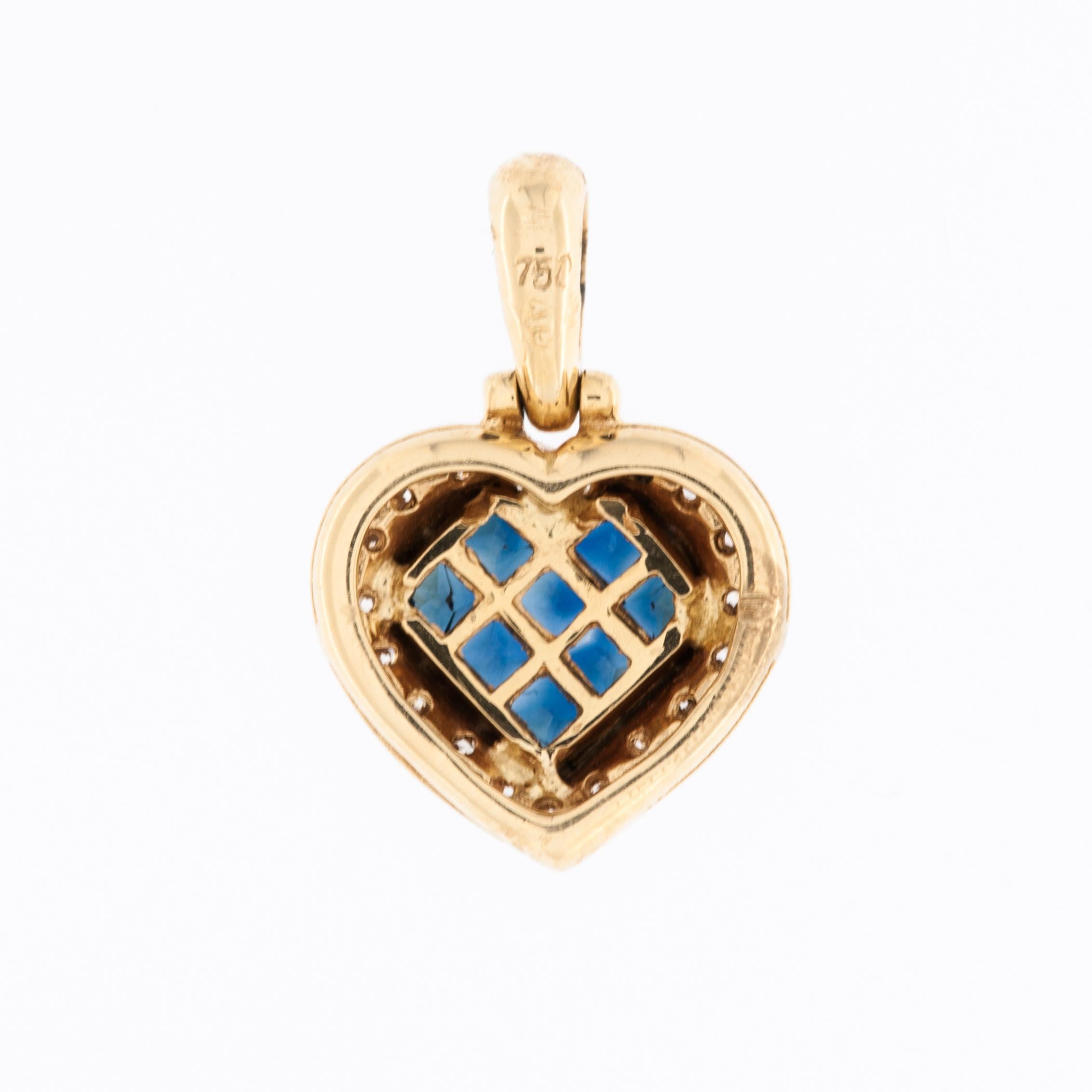 Modern Vintage French Diamonds and Sapphires Heart Pendant Yellow Gold For Sale