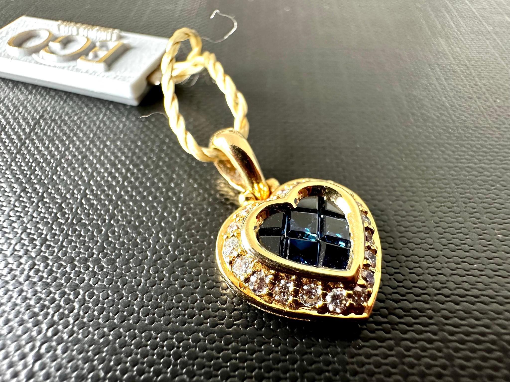 Vintage French Diamonds and Sapphires Heart Pendant Yellow Gold In Good Condition For Sale In Esch sur Alzette, Esch-sur-Alzette