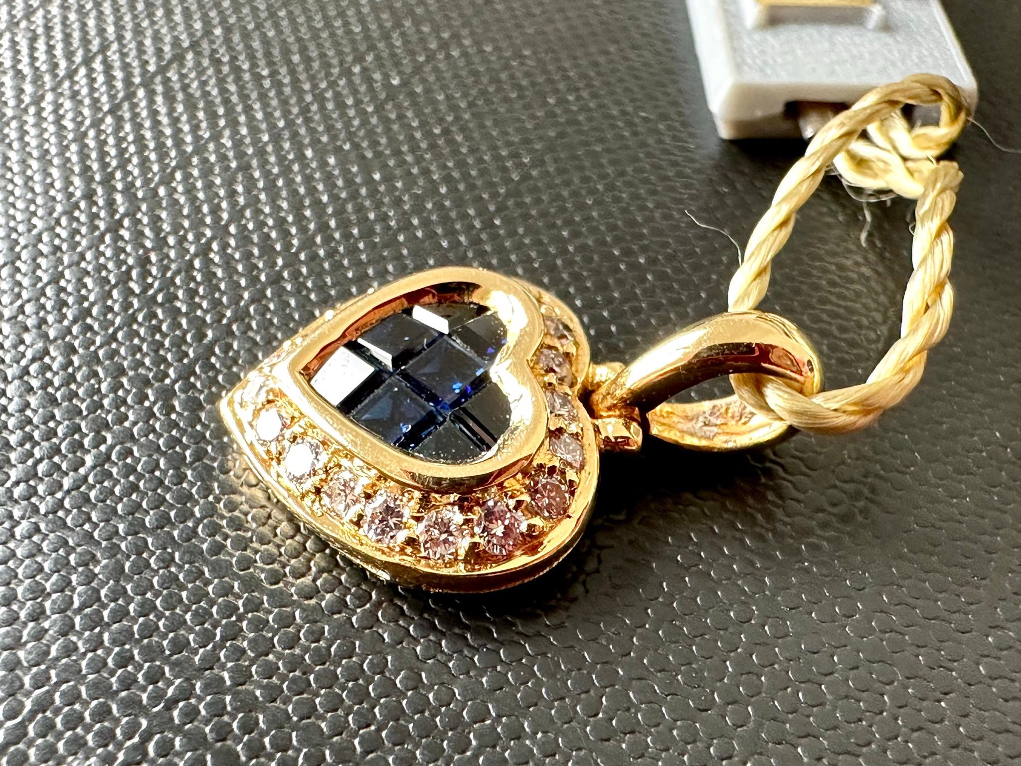 Vintage French Diamonds and Sapphires Heart Pendant Yellow Gold For Sale 1