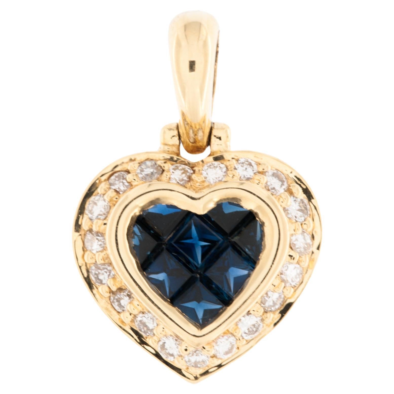 Vintage French Diamonds and Sapphires Heart Pendant Yellow Gold For Sale
