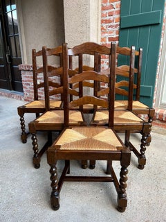Vintage Französisch Esszimmerstühle Set 6 Eiche Gerste Twist Rush Sitz Leiter zurück