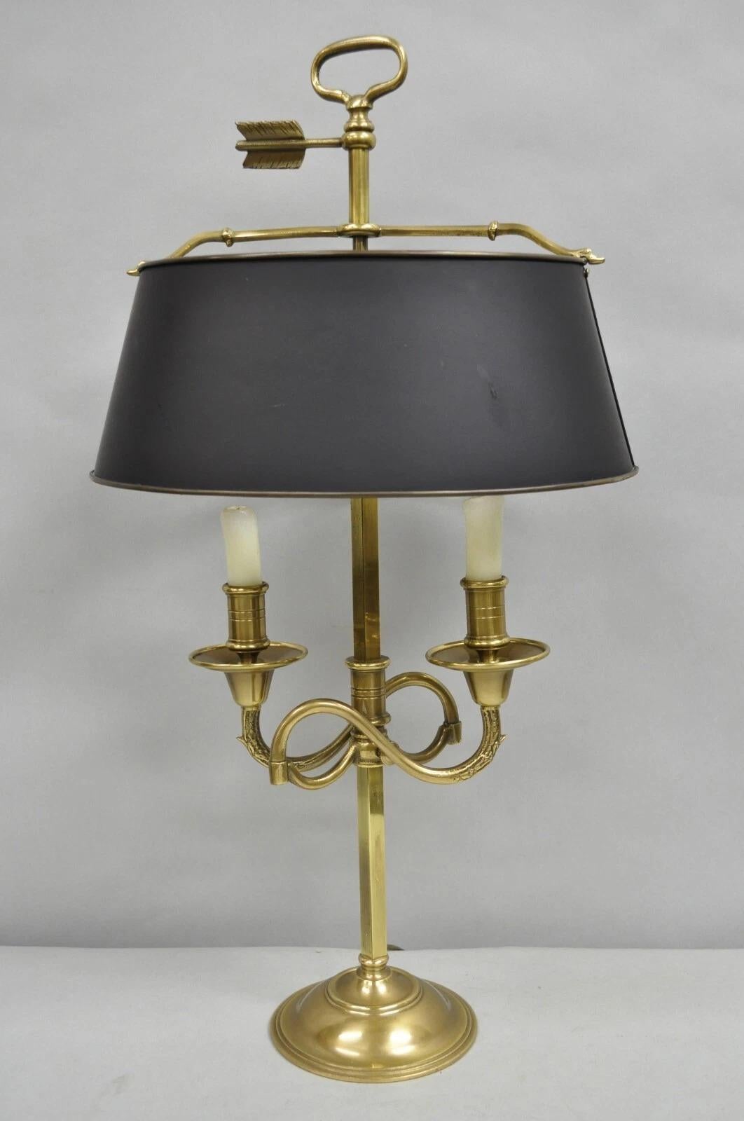 Vintage French Directoire Brass Scroll Arm Tole Metal Bouillotte Desk Table Lamp For Sale 7