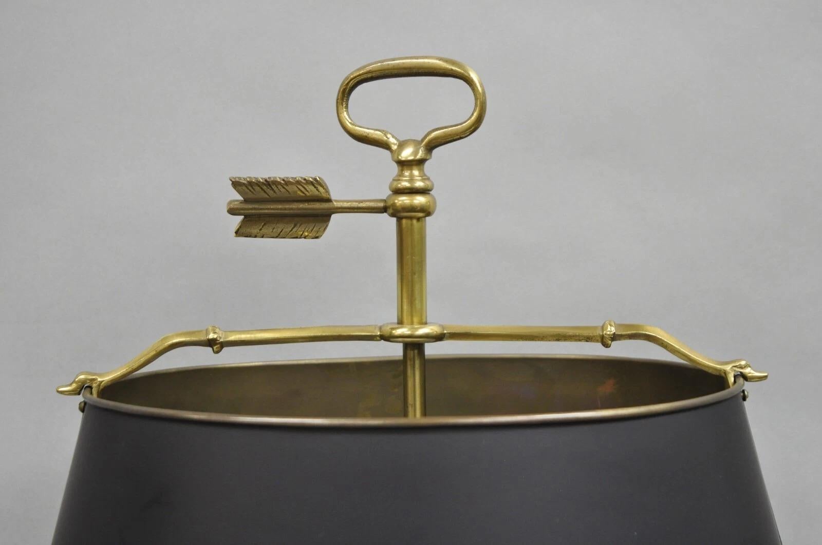 20th Century Vintage French Directoire Brass Scroll Arm Tole Metal Bouillotte Desk Table Lamp For Sale