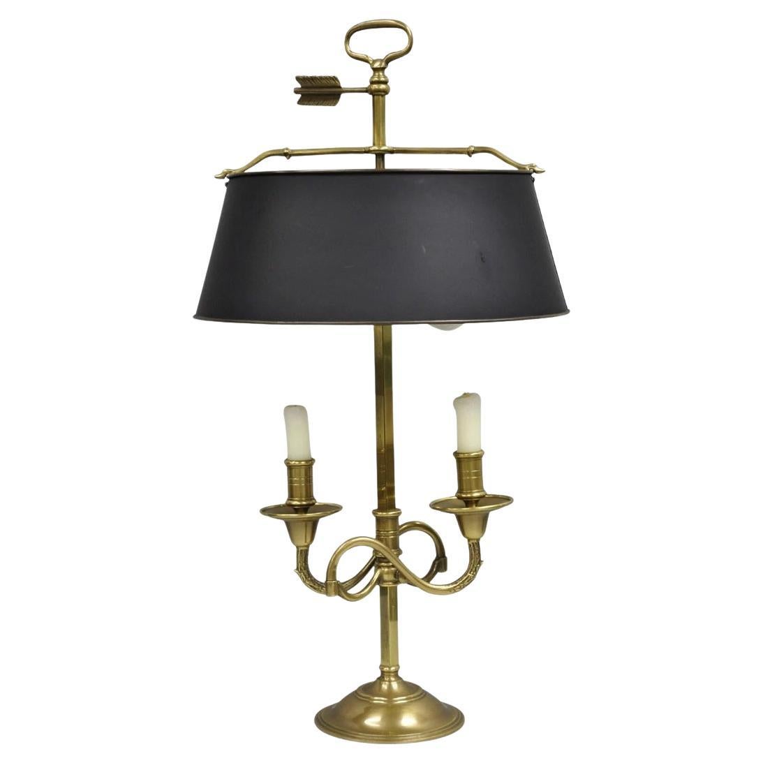 Vintage French Directoire Brass Scroll Arm Tole Metal Bouillotte Desk Table Lamp For Sale