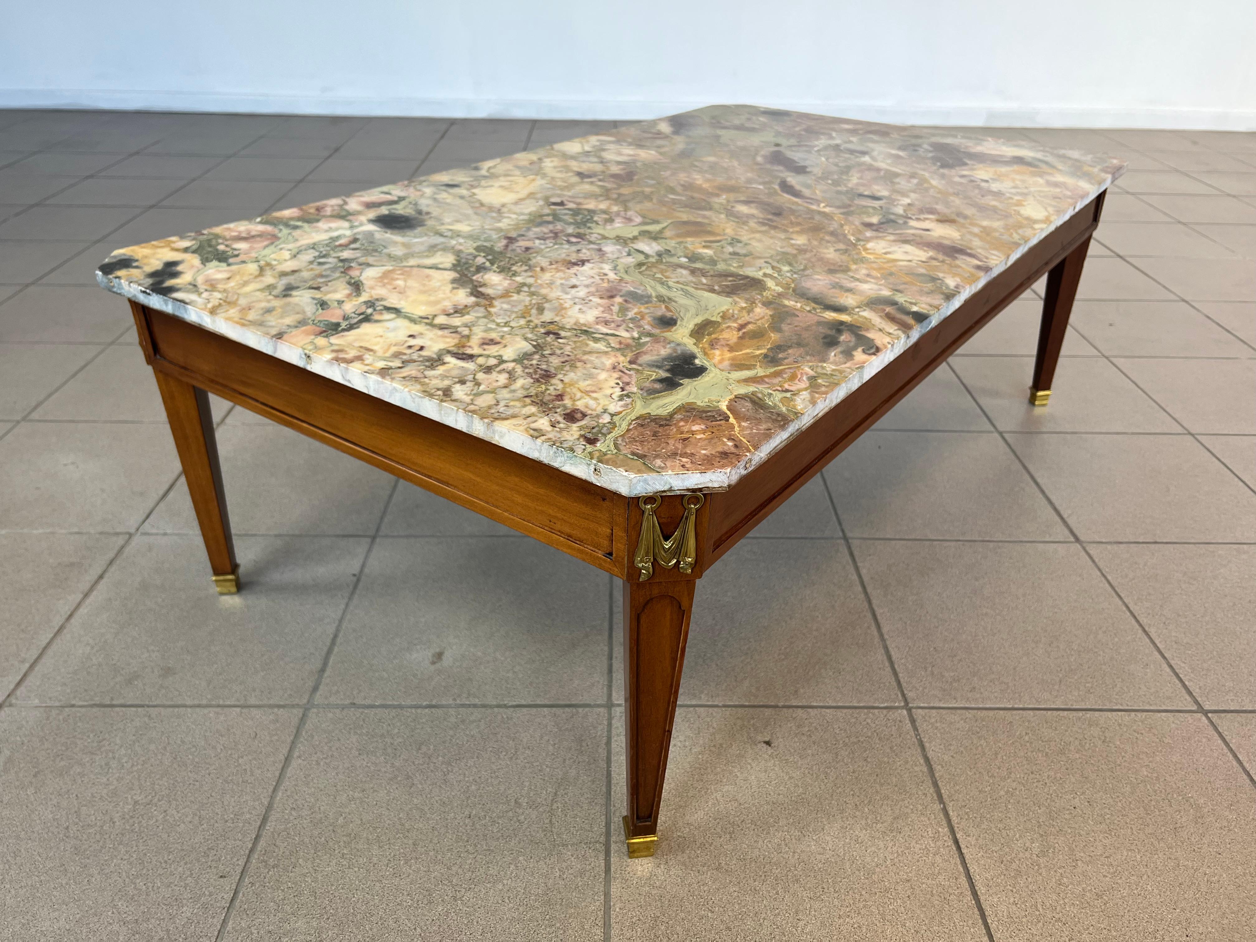 Vintage French Directoire Style Coffee Table With Brass and Marble Top For Sale 4