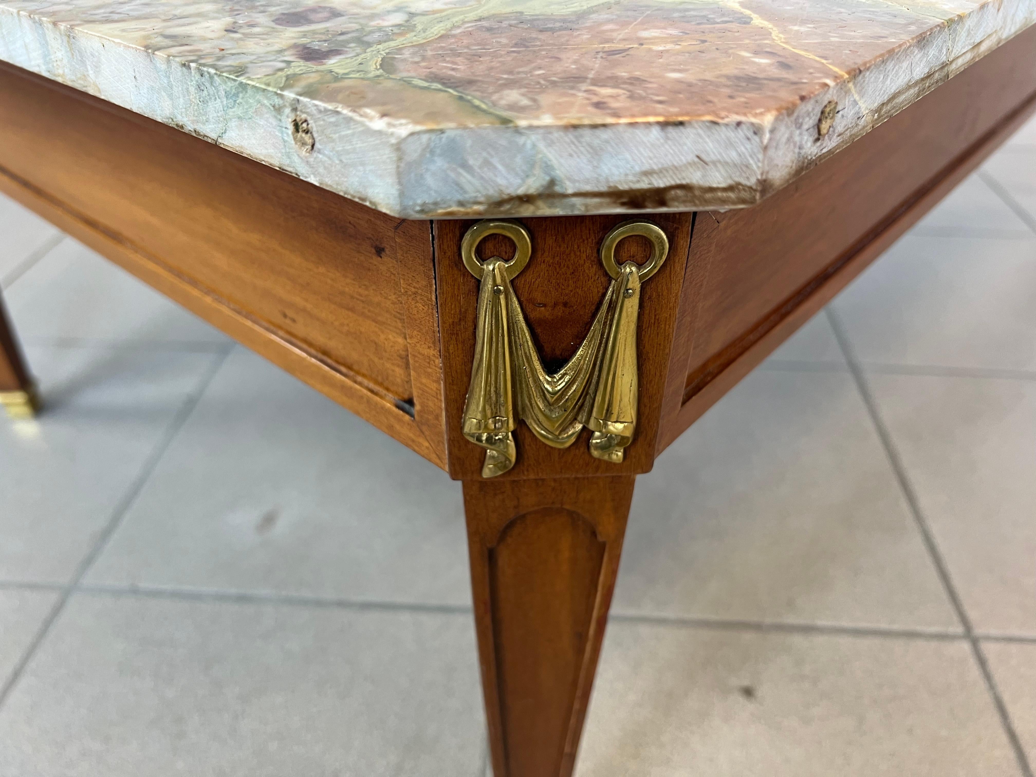 Vintage French Directoire Style Coffee Table With Brass and Marble Top For Sale 5