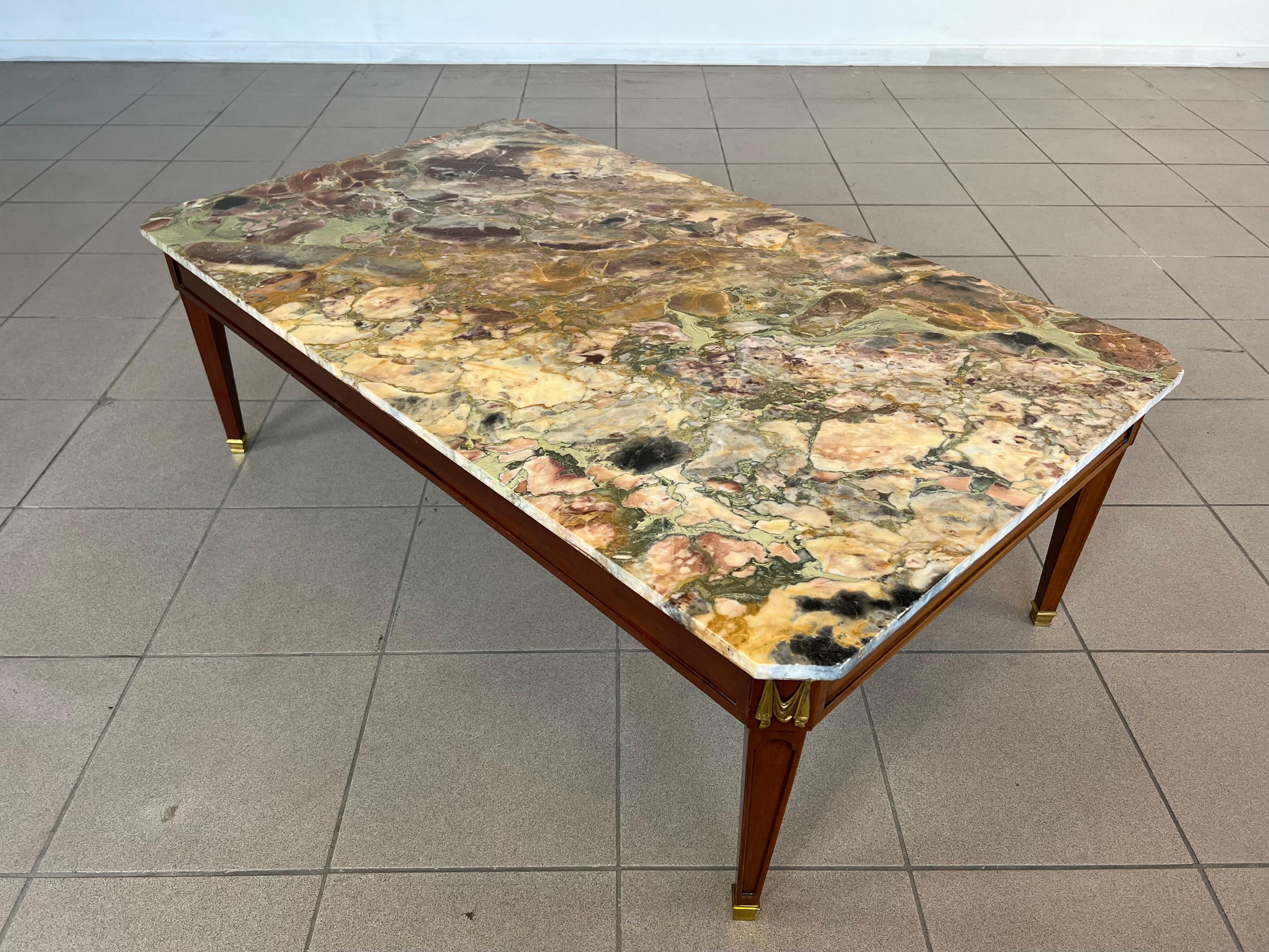 Vintage French Directoire Style Coffee Table With Brass and Marble Top For Sale 1
