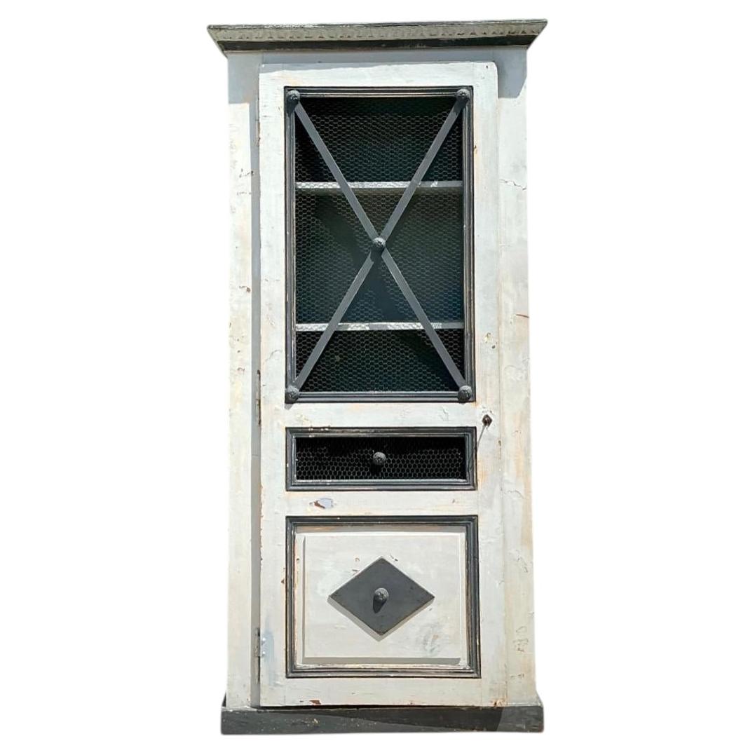 Vintage French Distressed Metal and Wood Cabinet For Sale