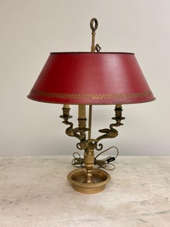 Vintage French Dore Bronze Bouillotte Lamp with Red Shade