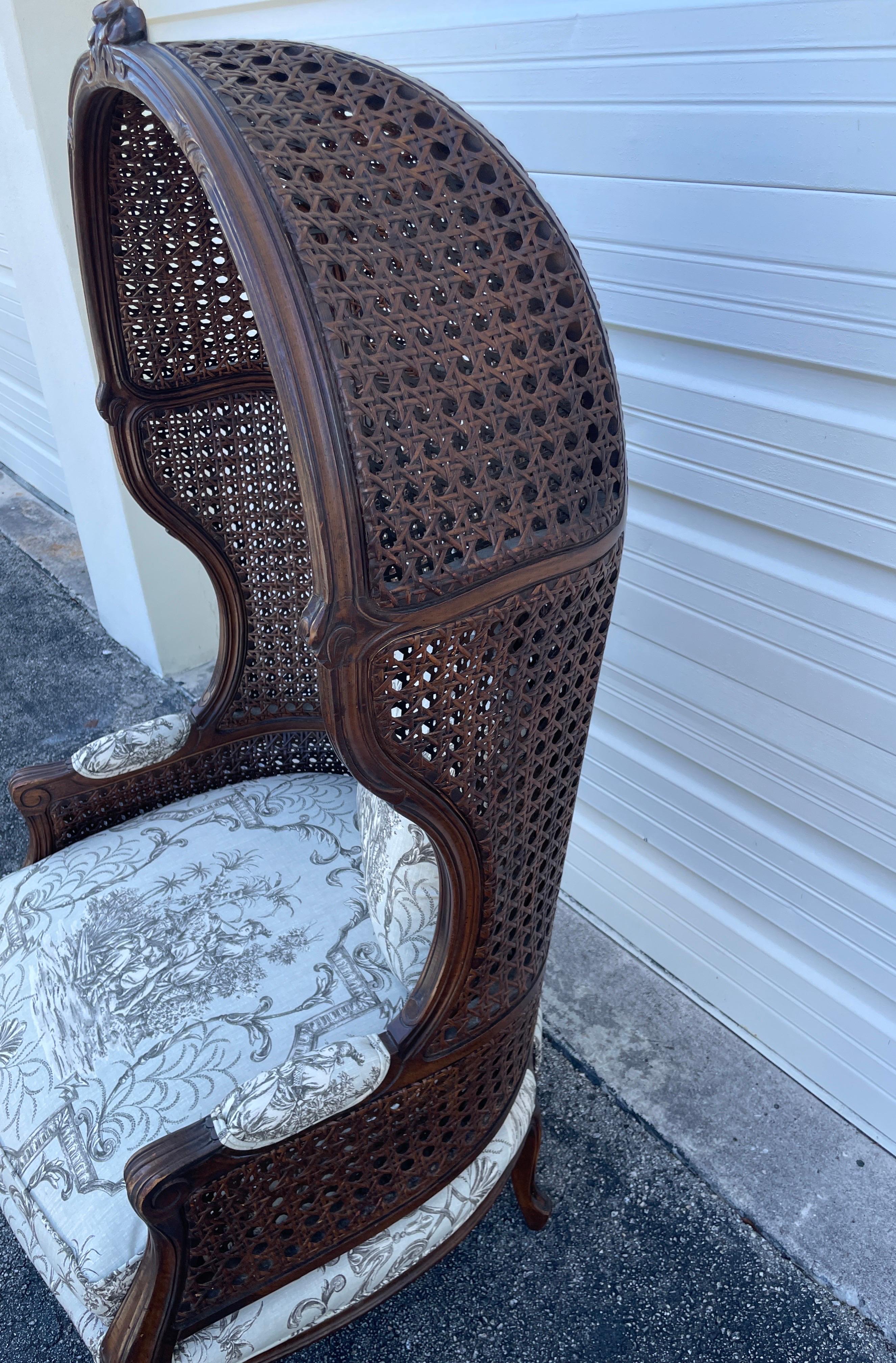 Vintage French Double Caned Hooded Chair In Good Condition For Sale In West Palm Beach, FL