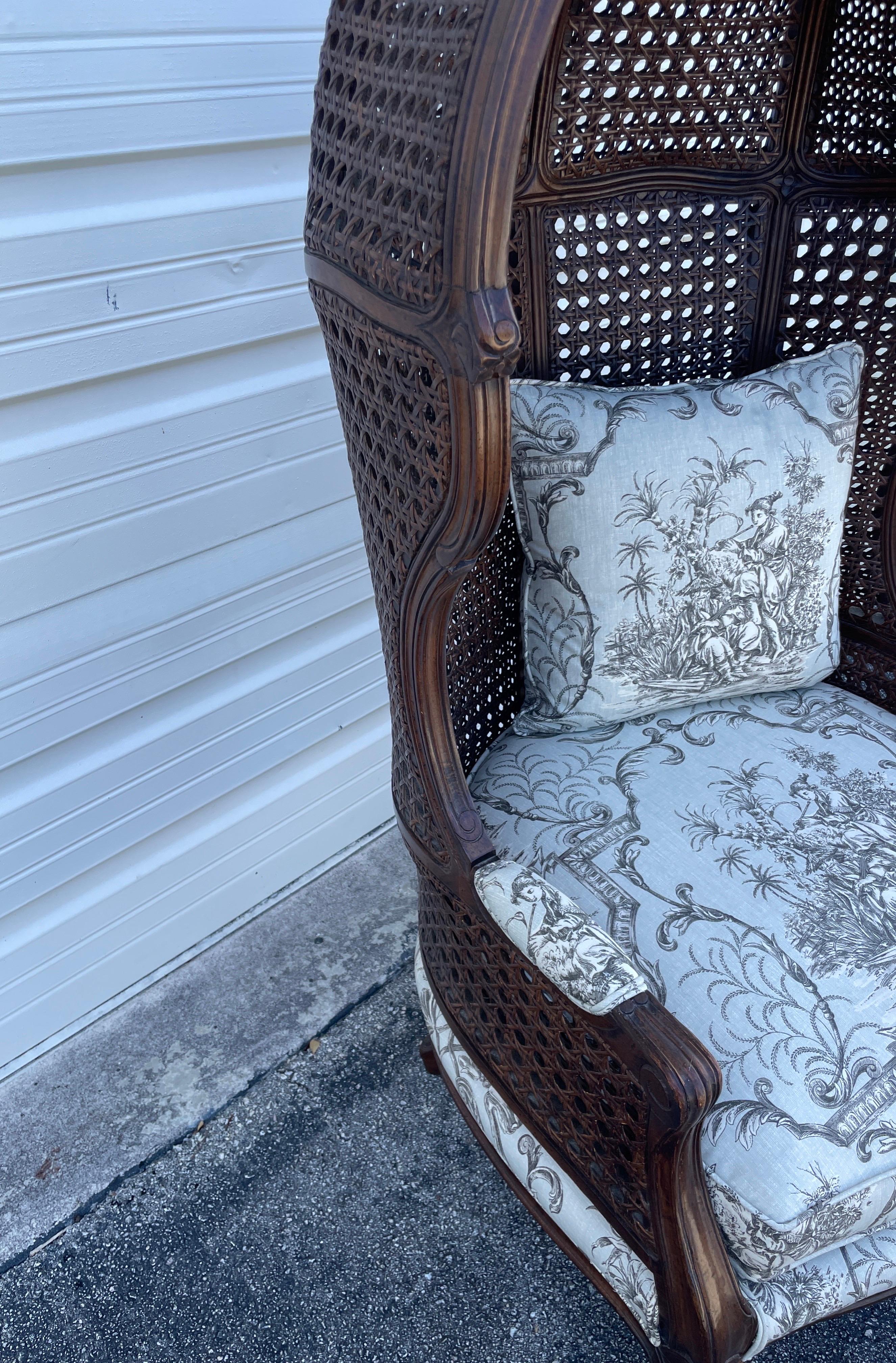 Fabric Vintage French Double Caned Hooded Chair For Sale