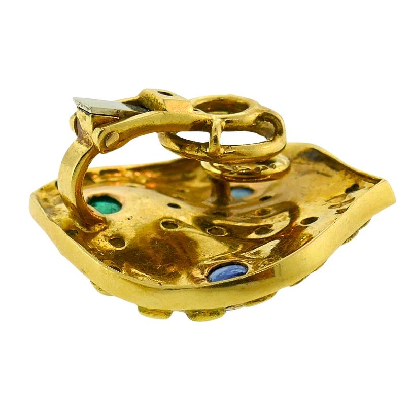 Vintage French Earrings 18k Gold Emerald Sapphire Signed JW For Sale 1