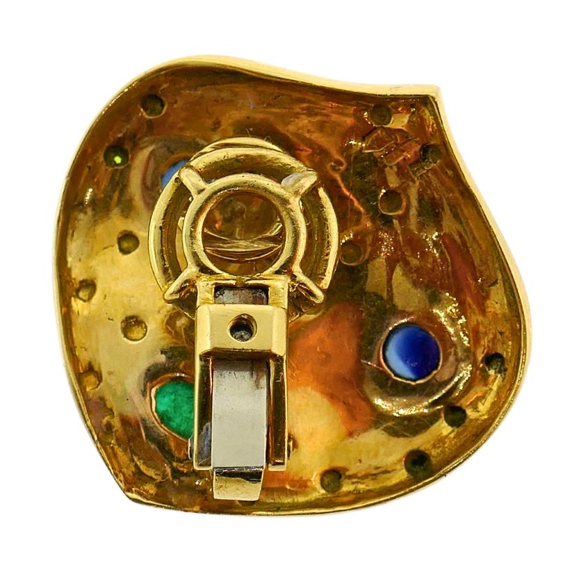 Vintage French Earrings 18k Gold Emerald Sapphire Signed JW For Sale 2