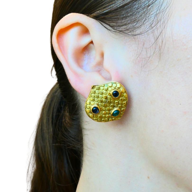 Cabochon Vintage French Earrings 18k Gold Emerald Sapphire Signed JW For Sale