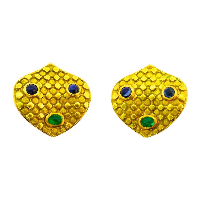 Vintage French Earrings 18k Gold Emerald Sapphire Signed JW For Sale