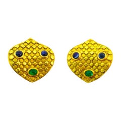 Vintage French Earrings 18k Gold Emerald Sapphire Signed JW