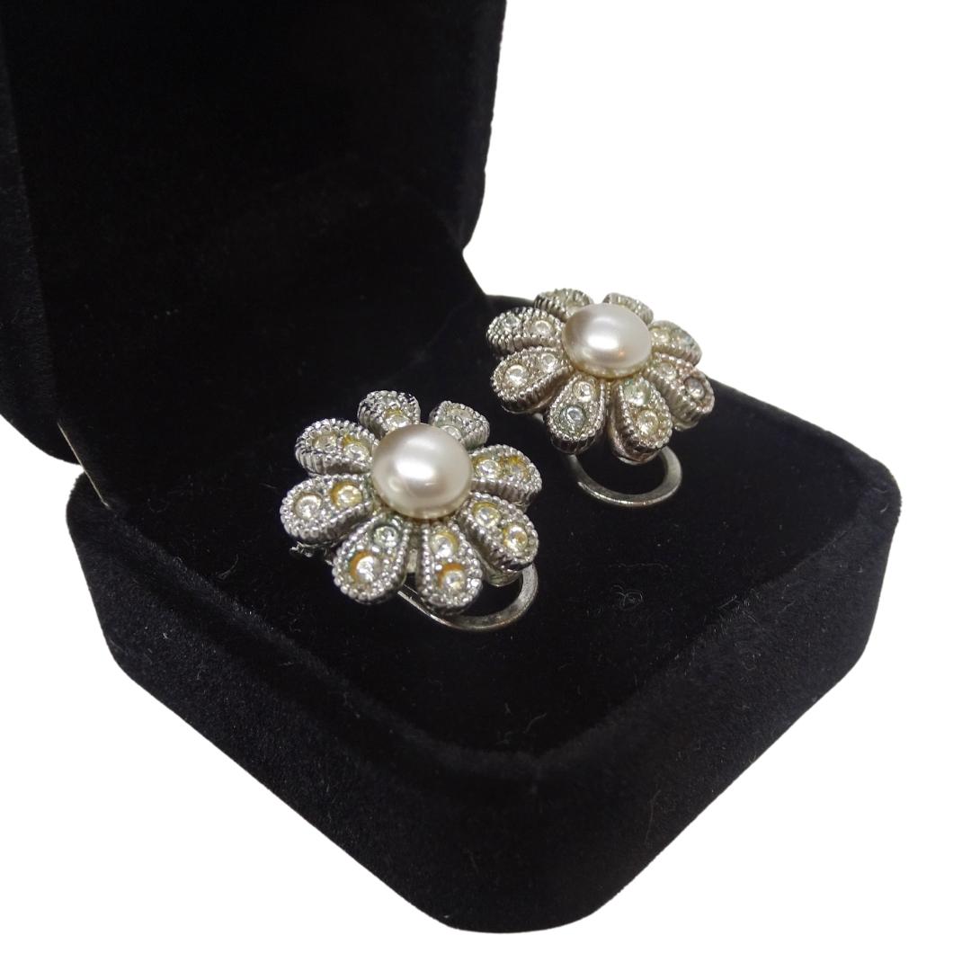 Vintage French earrings in the shape of Daisies, zircons, pearls For Sale 12