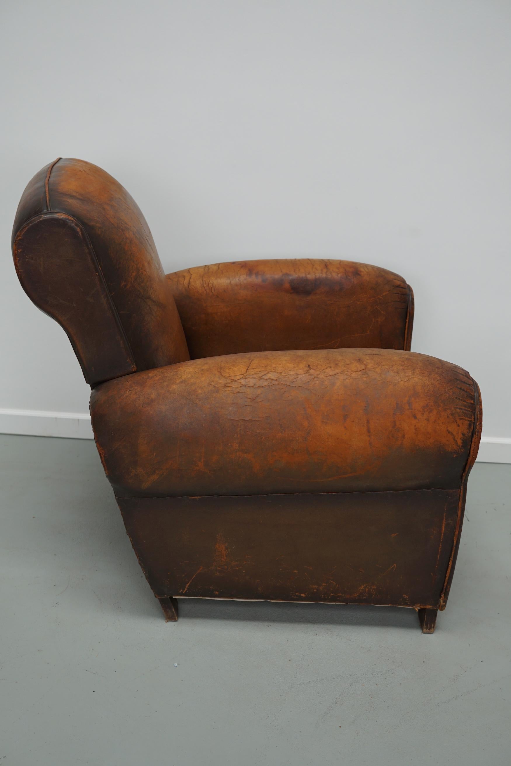 Vintage French Elephant Back Cognac-Colored Leather Club Chair, 1940s 6