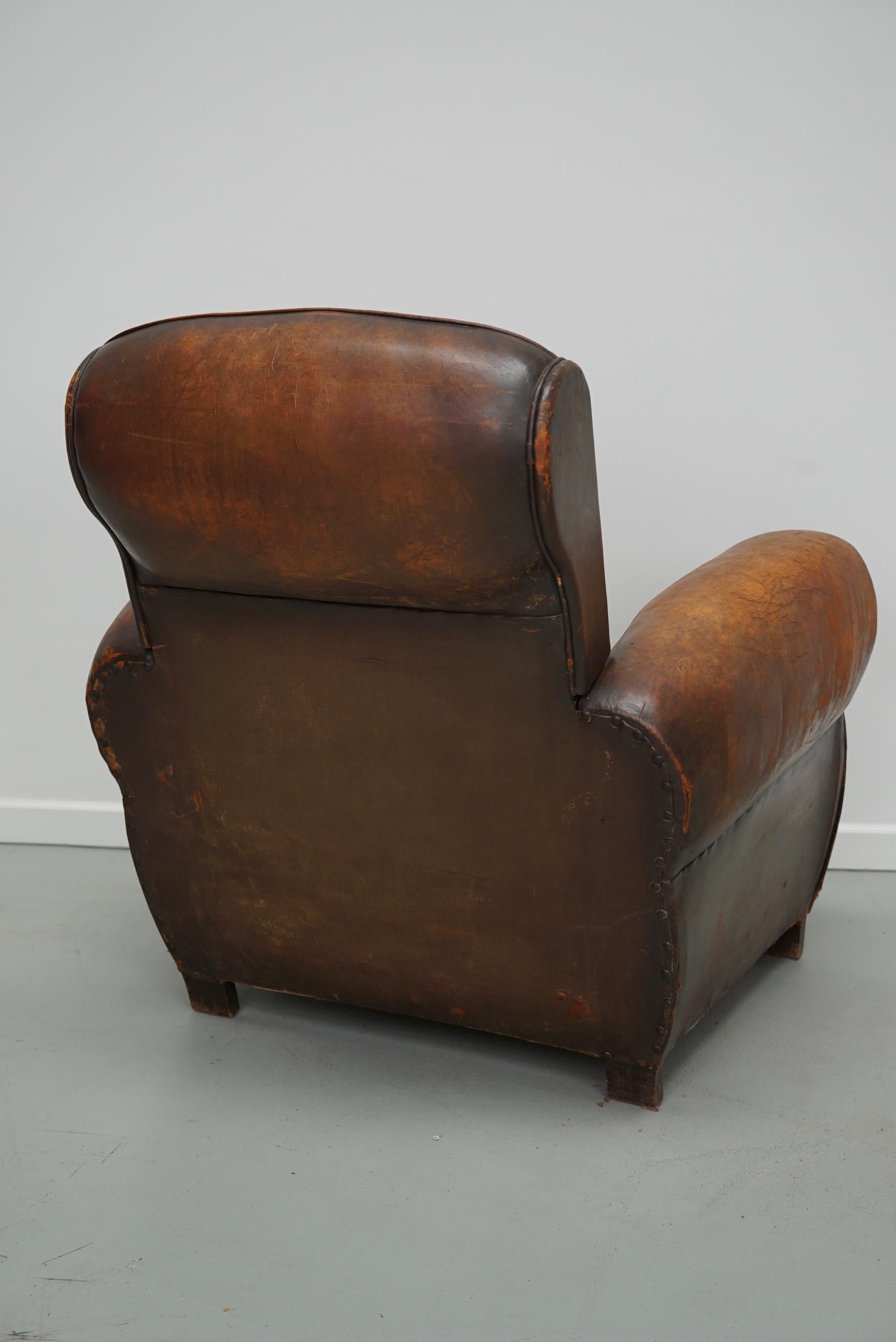 Vintage French Elephant Back Cognac-Colored Leather Club Chair, 1940s 8