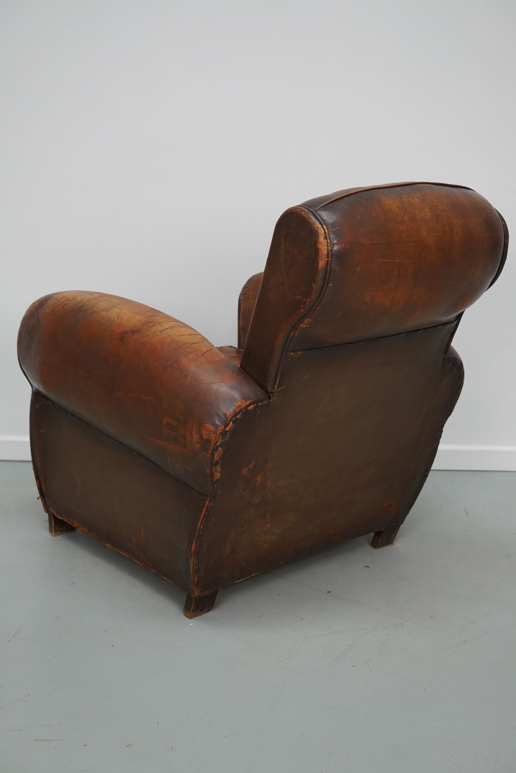 Vintage French Elephant Back Cognac-Colored Leather Club Chair, 1940s 9
