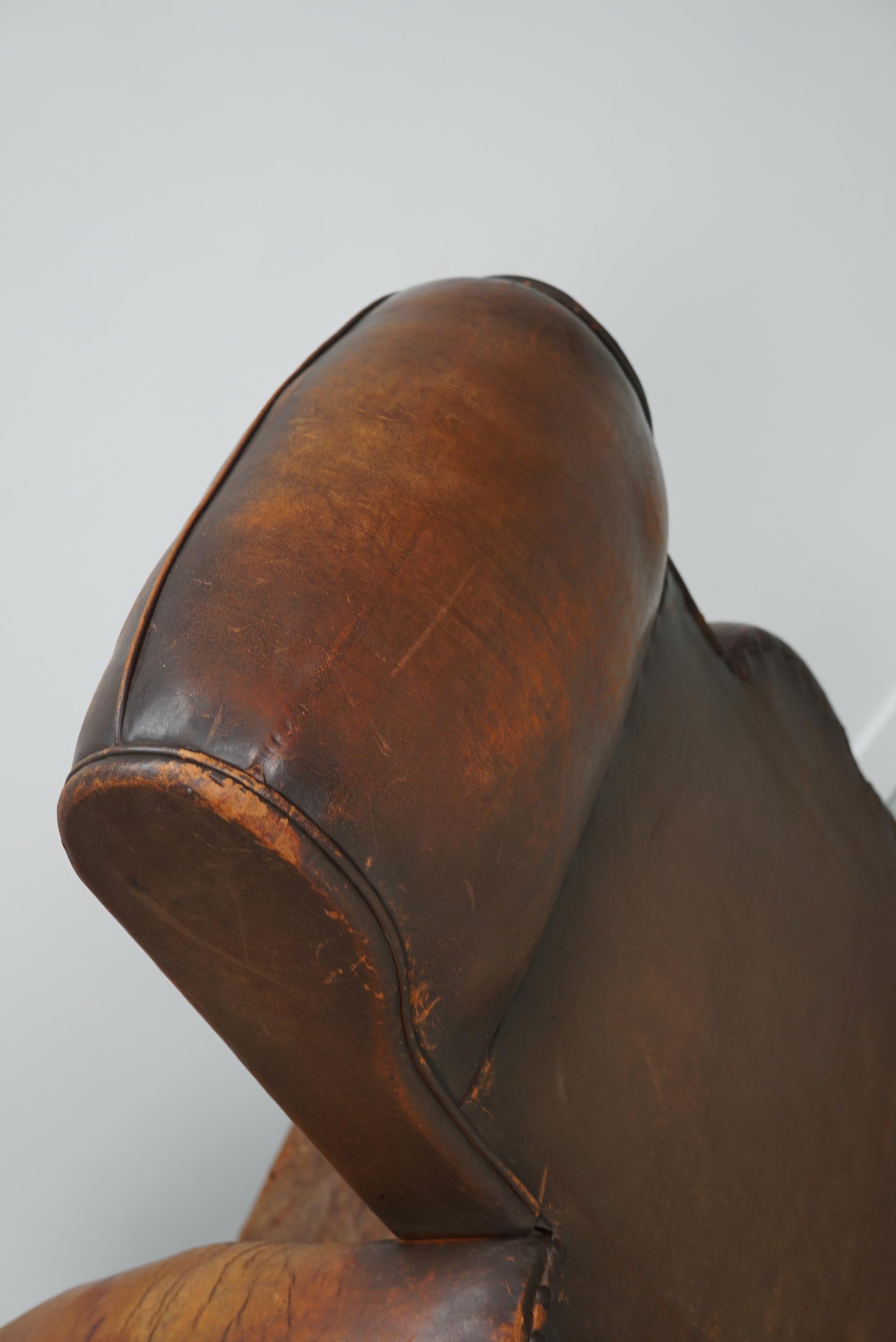 Vintage French Elephant Back Cognac-Colored Leather Club Chair, 1940s 10
