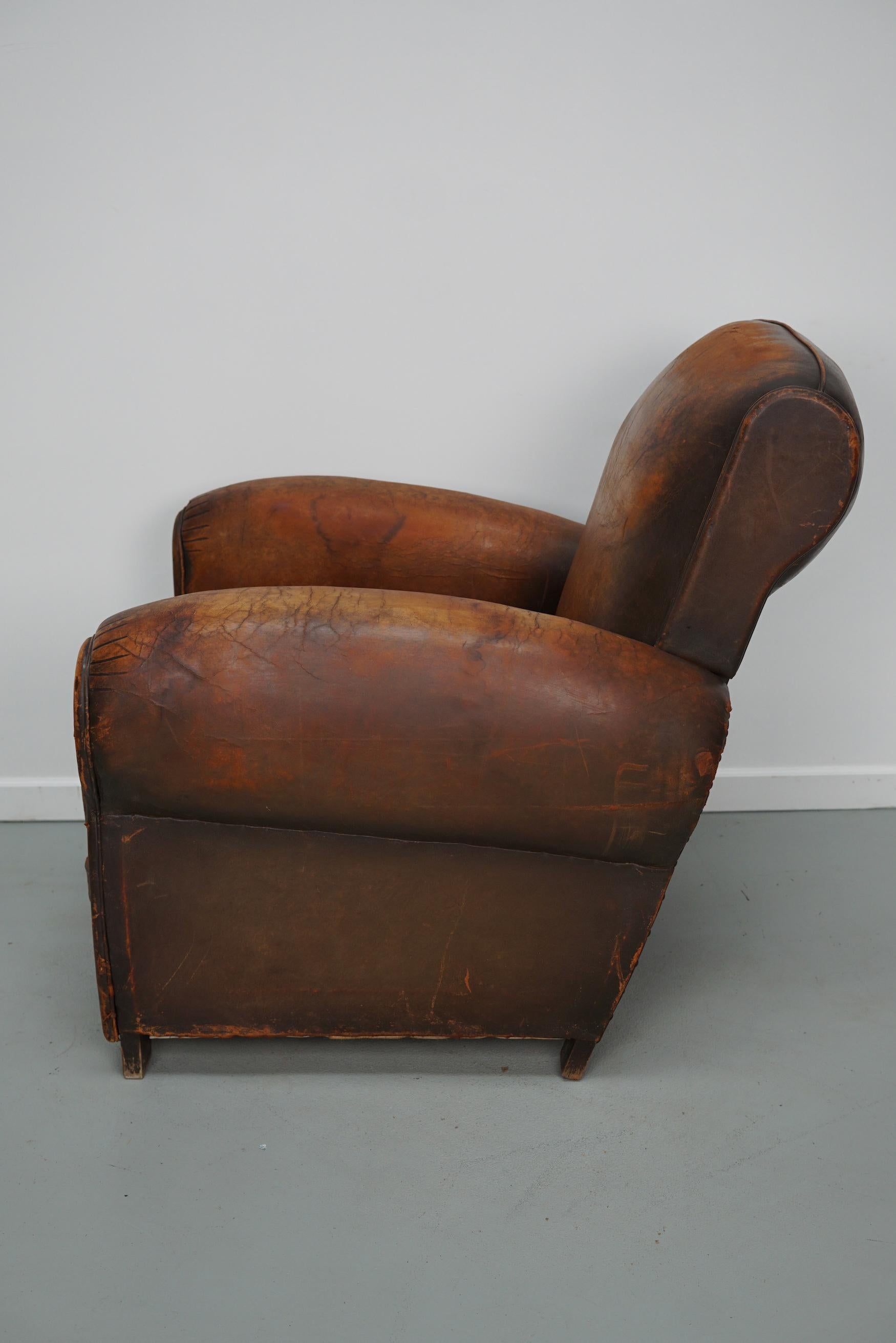 Vintage French Elephant Back Cognac-Colored Leather Club Chair, 1940s 11