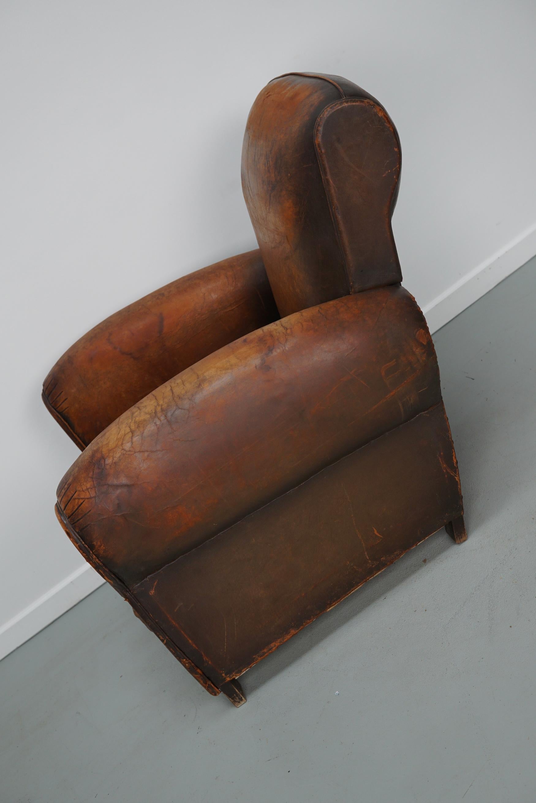 Vintage French Elephant Back Cognac-Colored Leather Club Chair, 1940s 12