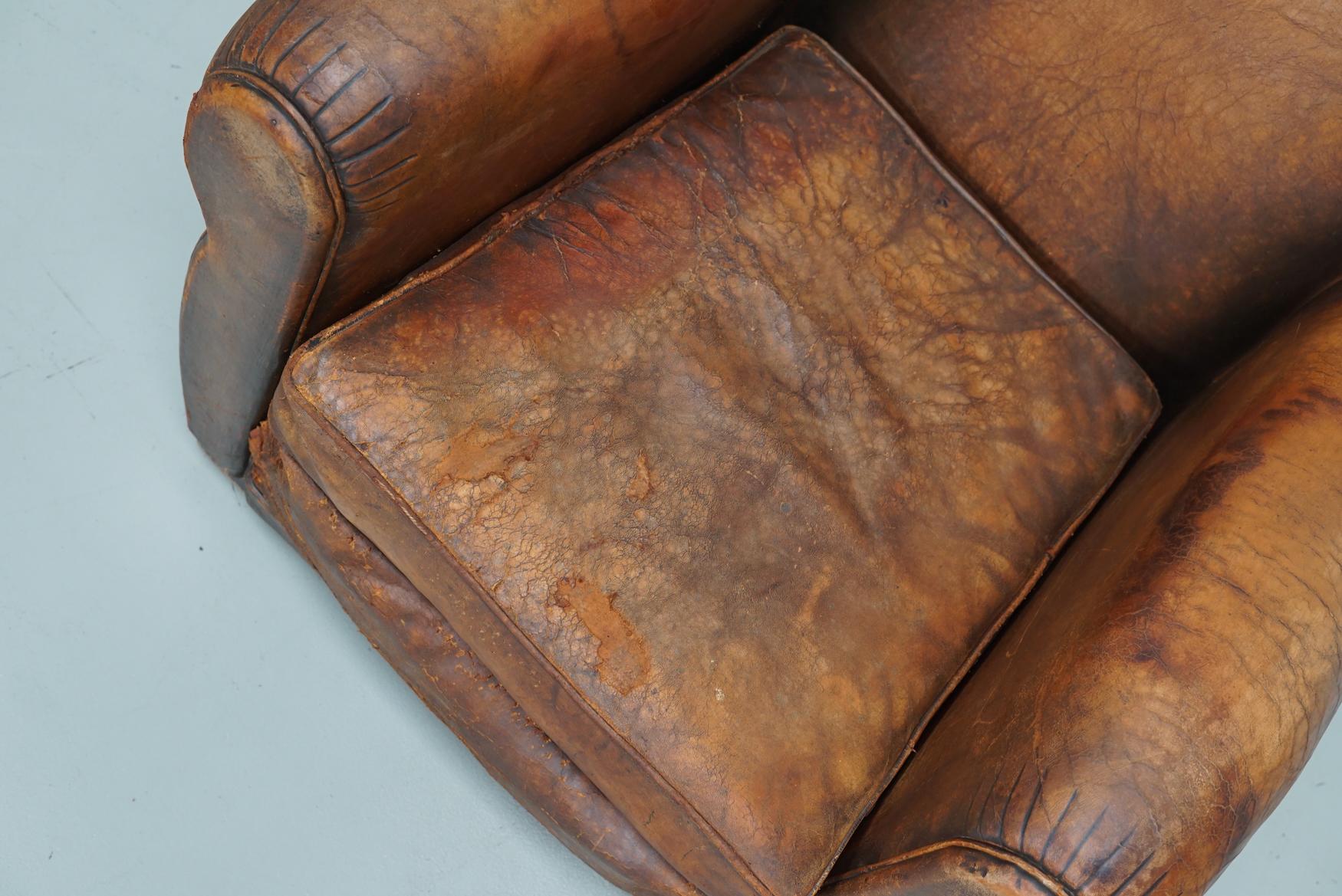 Vintage French Elephant Back Cognac-Colored Leather Club Chair, 1940s In Good Condition In Nijmegen, NL