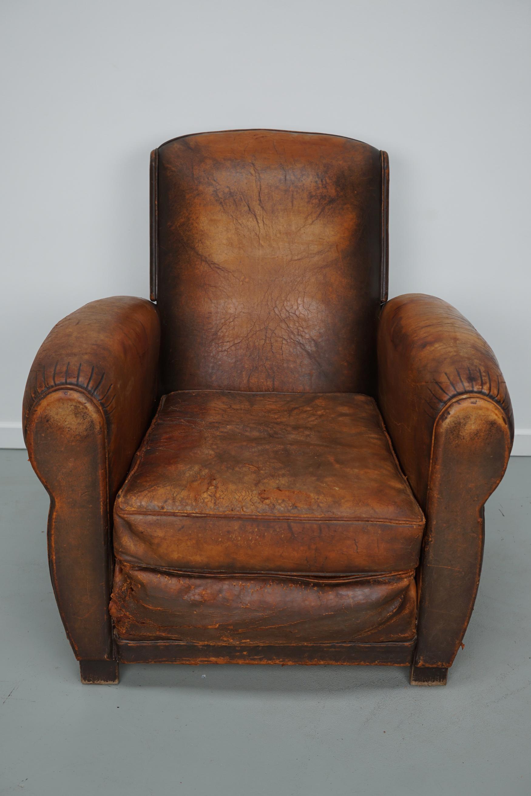 Mid-20th Century Vintage French Elephant Back Cognac-Colored Leather Club Chair, 1940s