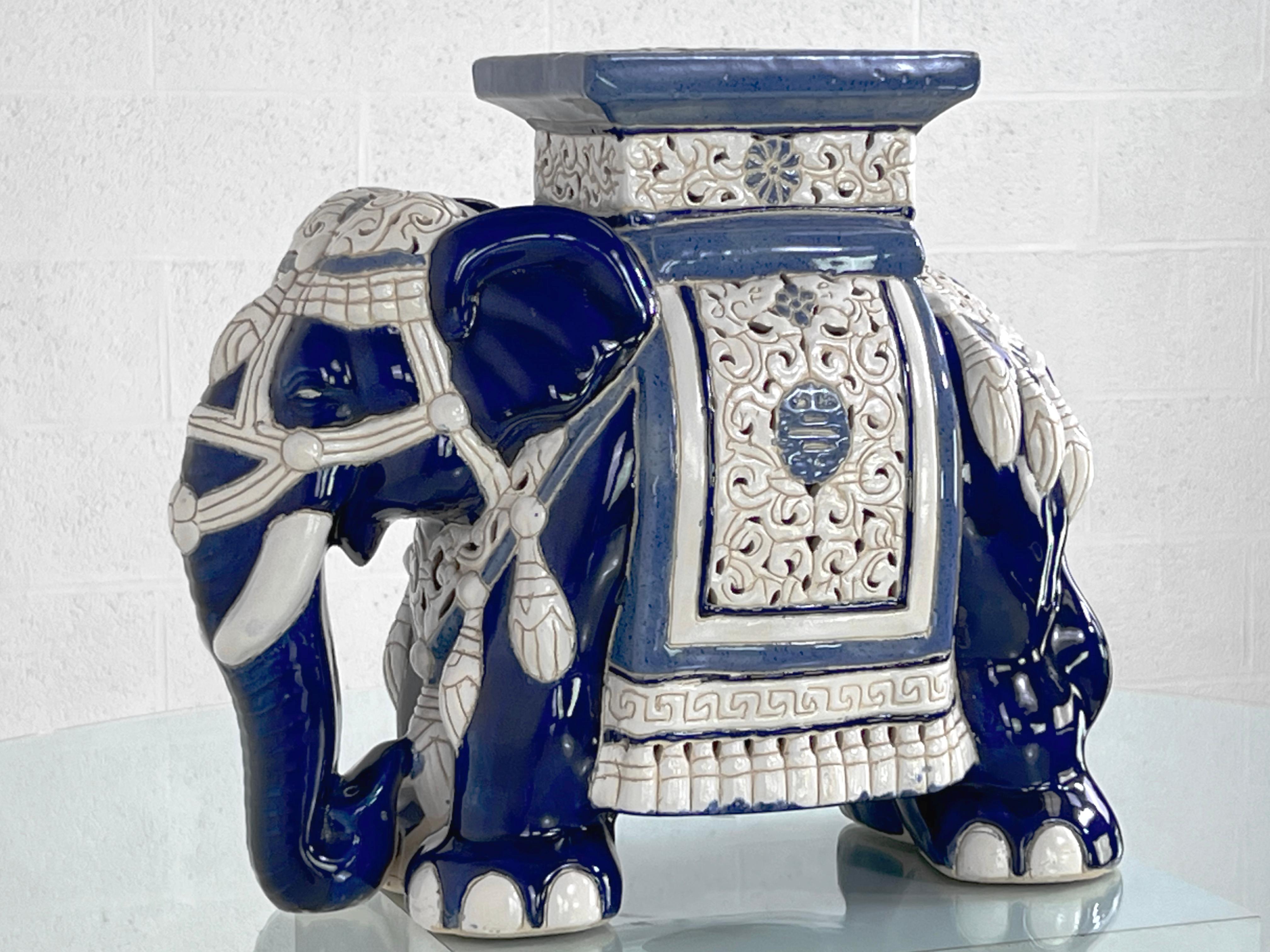 1960s - 1970s Vintage Ceramic Side Table Or Stool Elephant shaped in white and blue colors