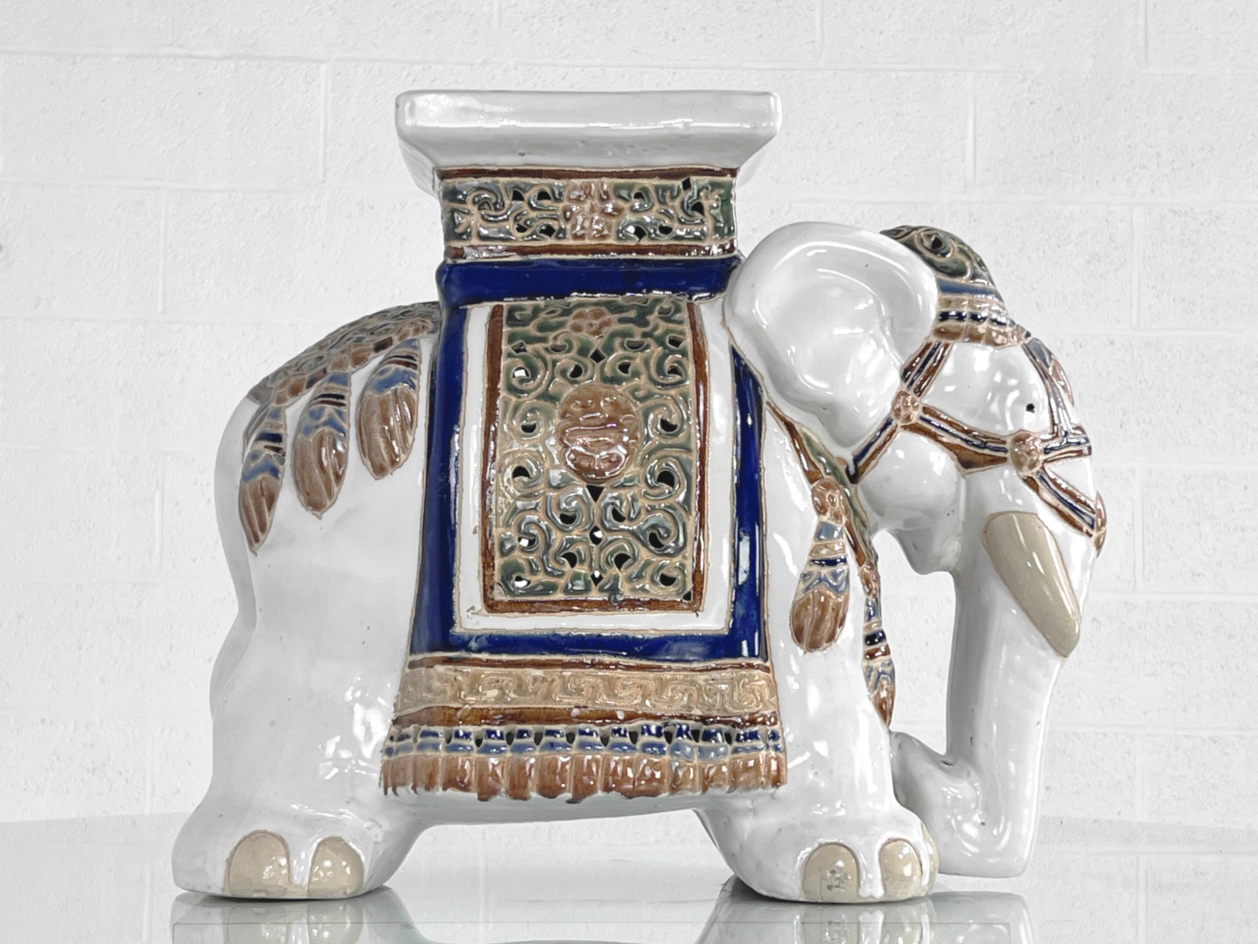 1960s - 1970s Vintage Ceramic Side Table Or Stool Elephant shaped in white and blue colors