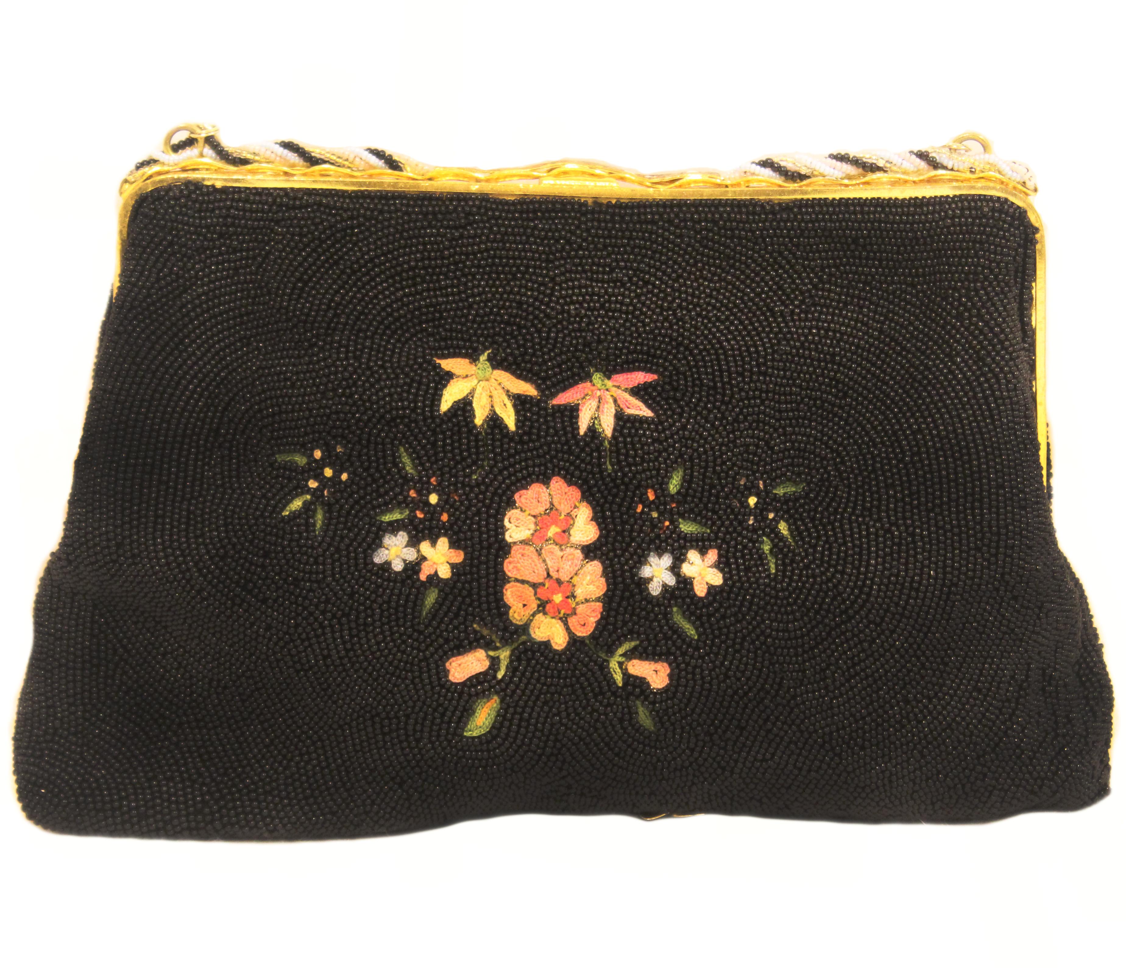 Vintage French Embroidered Beaded Black & Pink Evening Bag  In Excellent Condition In Palm Beach, FL