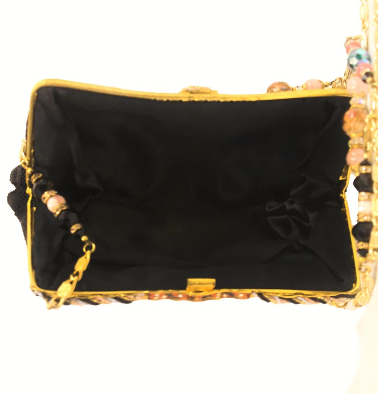 Vintage French Embroidered Beaded Black and Pink Evening Bag at 1stDibs