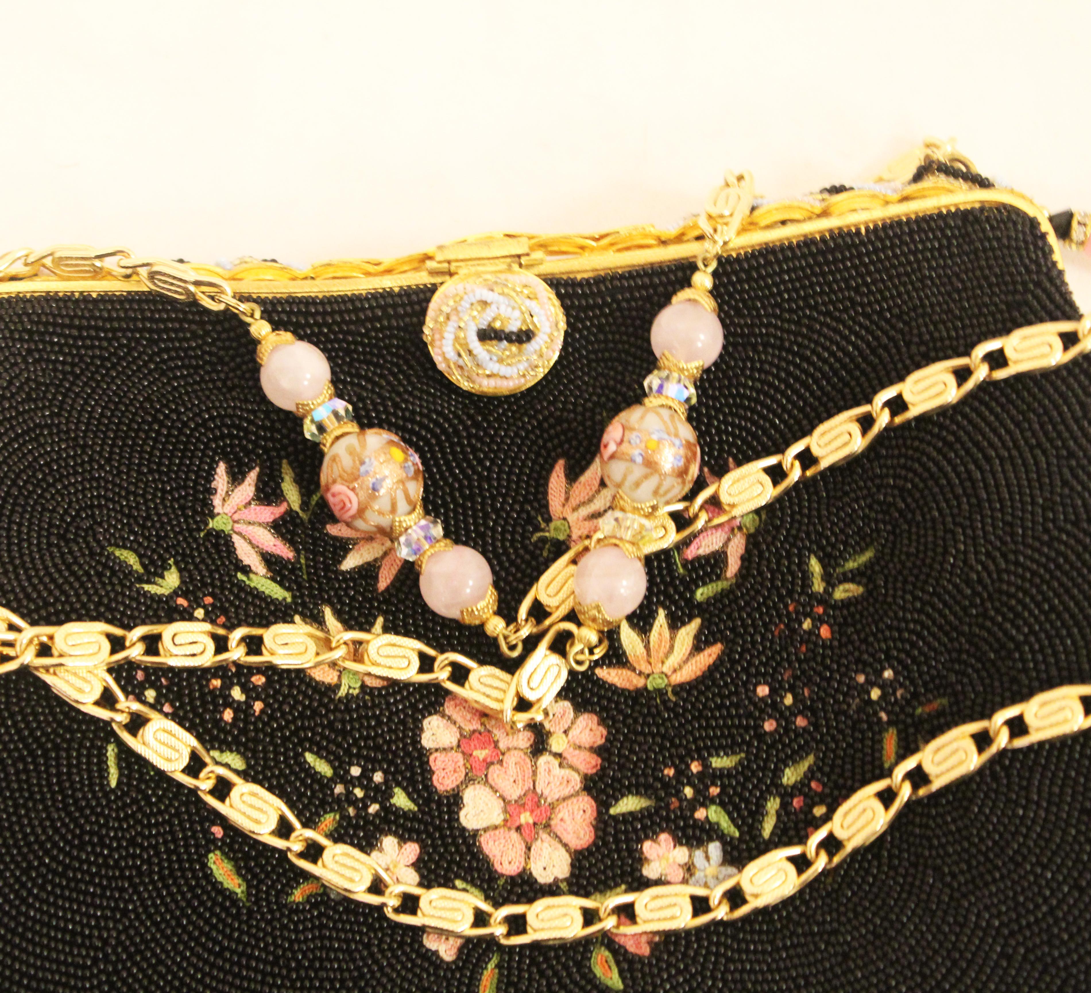 Vintage French Embroidered Beaded Black & Pink Evening Bag  3