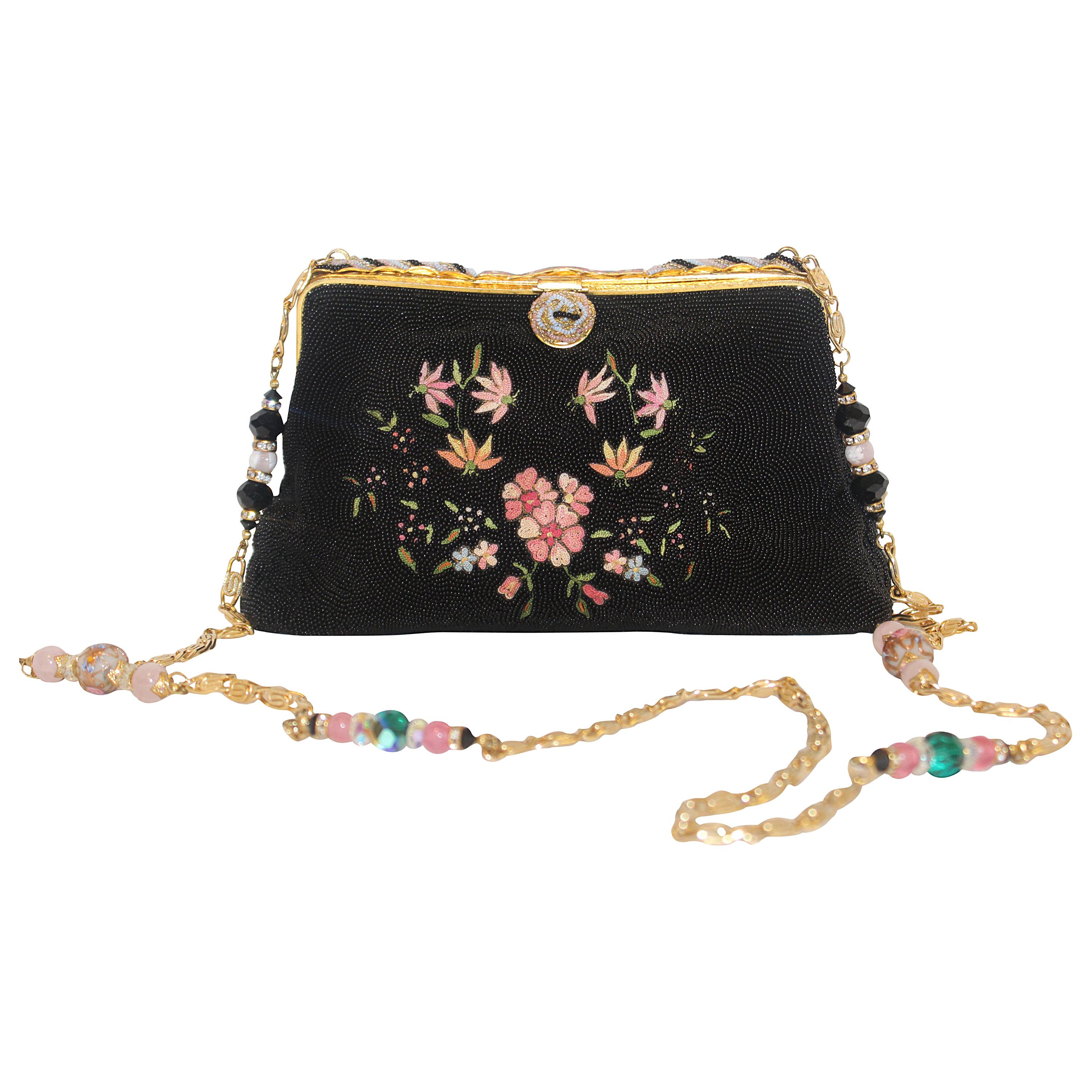 Vintage French Embroidered Beaded Black & Pink Evening Bag 