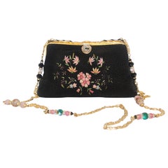 Antique French Embroidered Beaded Black & Pink Evening Bag 