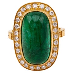 Vintage French Emerald and Diamond 18k Yellow Gold Cocktail Ring