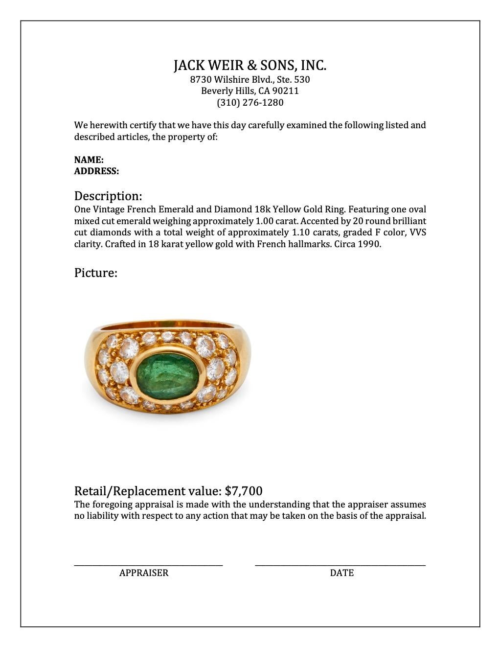 Vintage French Emerald and Diamond 18k Yellow Gold Ring For Sale 2