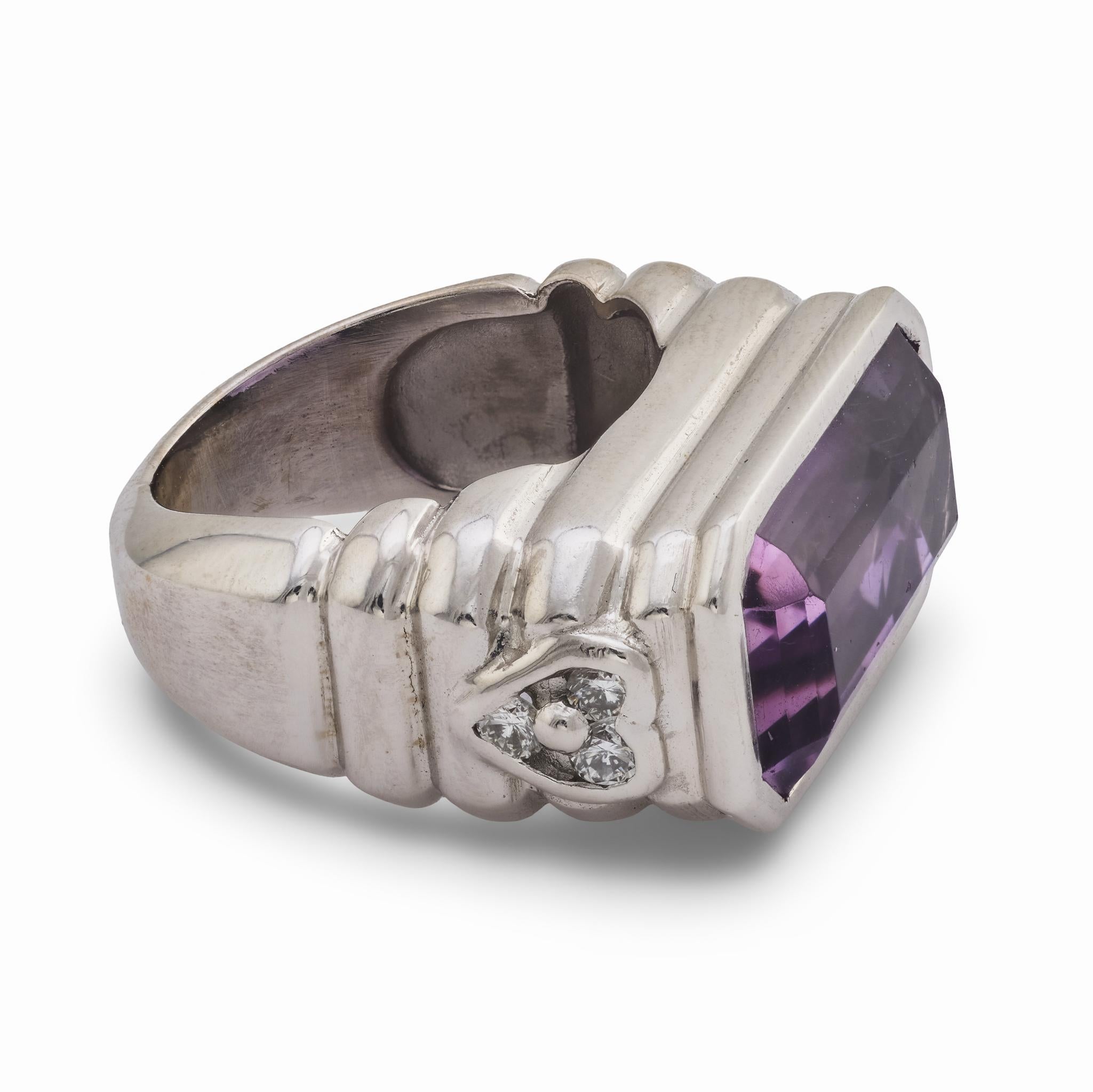 Vintage French Smaragdschliff Amethyst-Diamant 18k Weißgold-Cocktailring Damen im Angebot