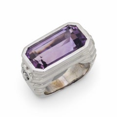 Vintage French emerald cut amethyst diamond 18k white gold cocktail ring