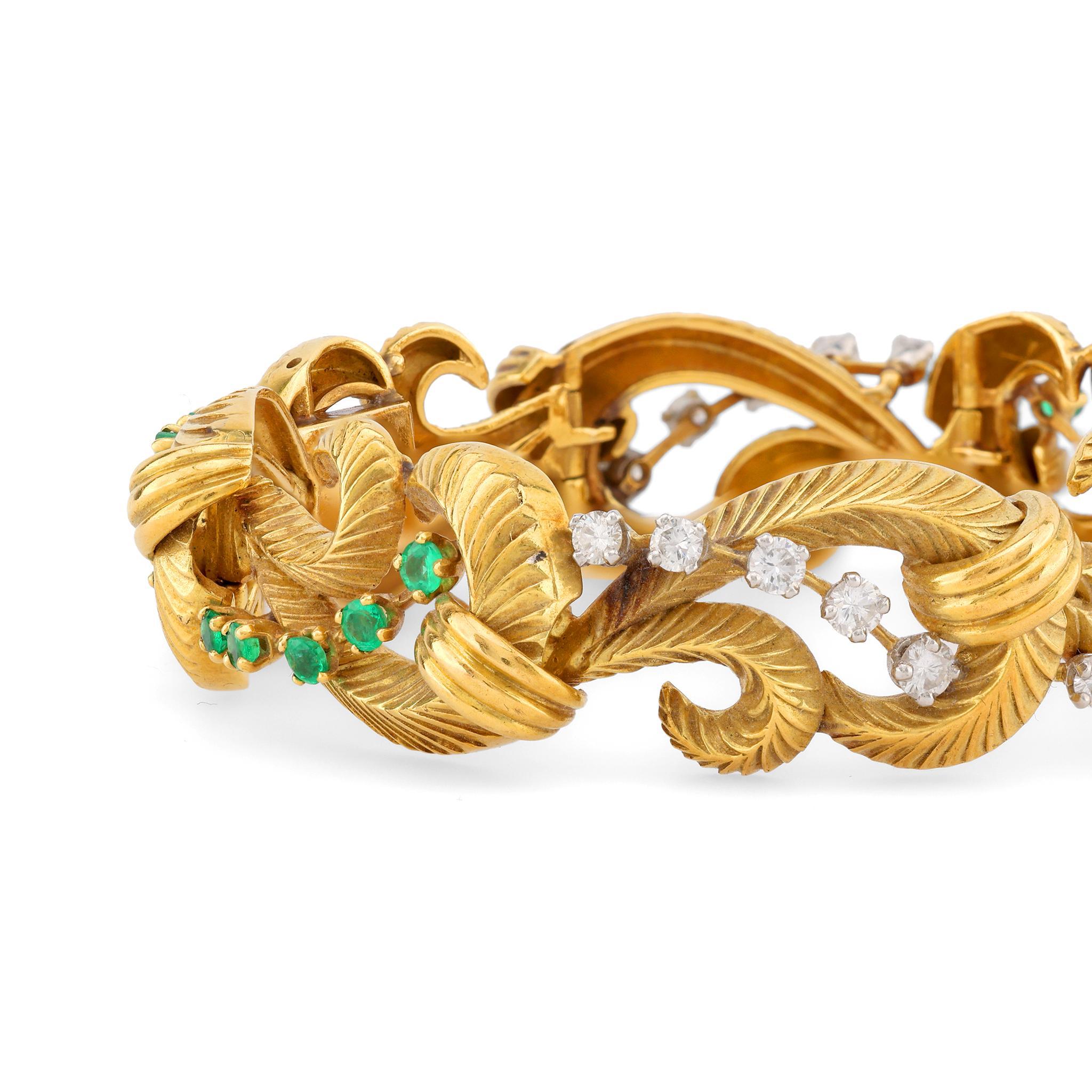 Pulsera francesa vintage de oro amarillo de 18 quilates con esmeralda y diamantes Moderno