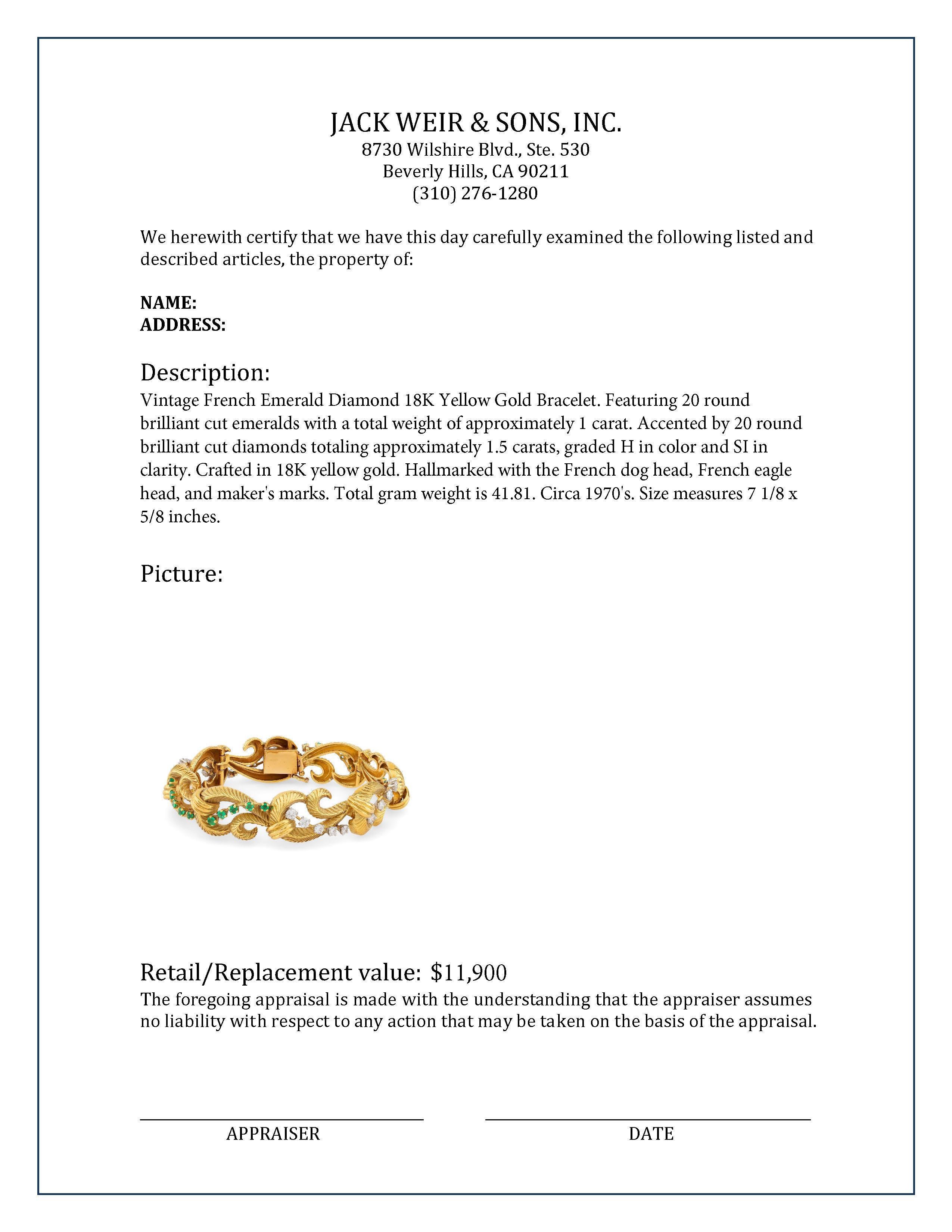 Pulsera francesa vintage de oro amarillo de 18 quilates con esmeralda y diamantes en Excelente Estado en Beverly Hills, CA