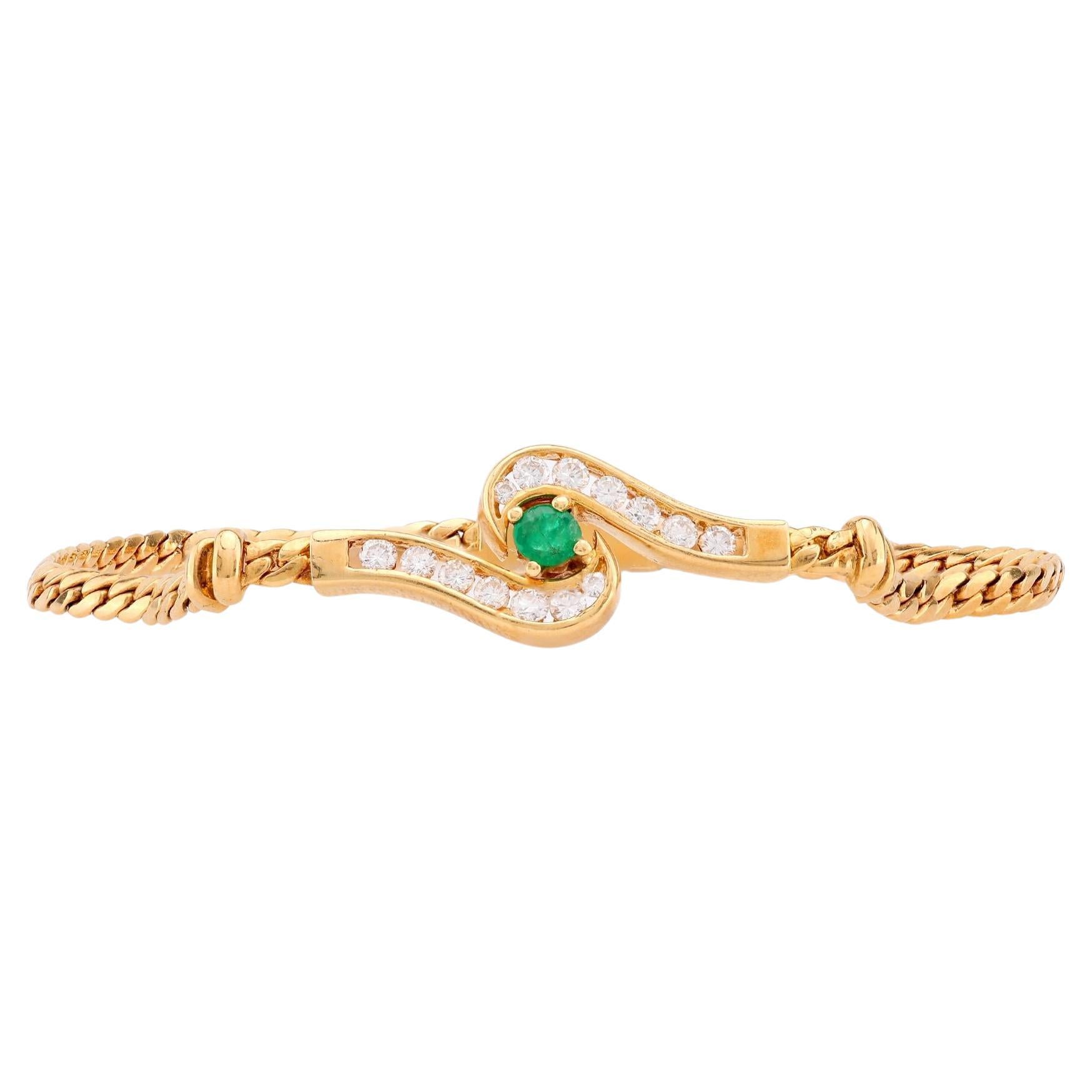 Vintage French Emerald Diamond 18K Yellow Gold Bracelet